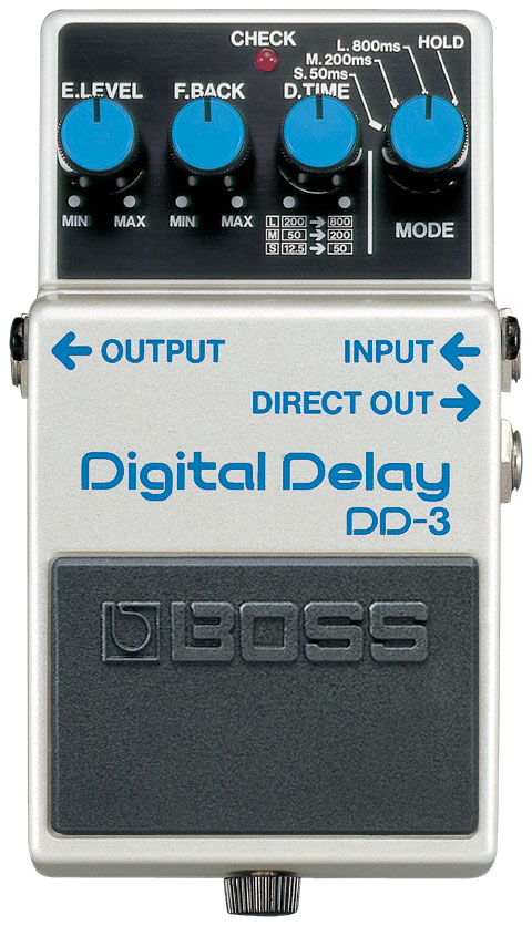 BOSS DD-3 Digital Delay, top-down view, white compact housing with blue lettering, three control knobs and Mode selector