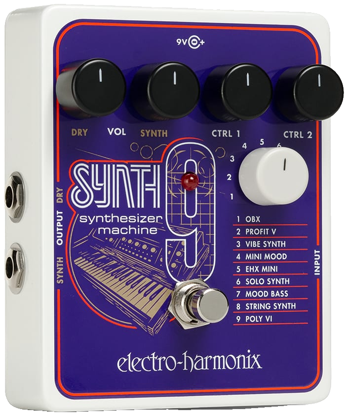 Electro-Harmonix Synth9 Synthesizer Machine, angled top view, white enclosure with purple SYNTH9 panel, four black knobs and white preset knob