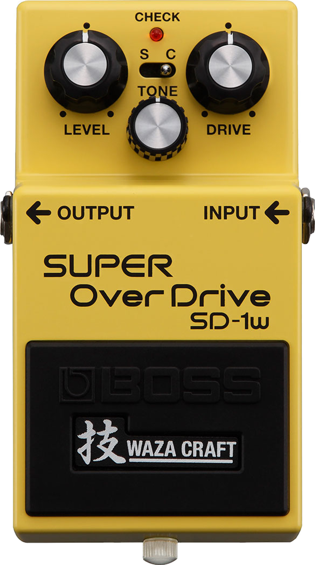 BOSS SD-1W Super OverDrive, top view, yellow enclosure, S/C switch, Waza Craft badge