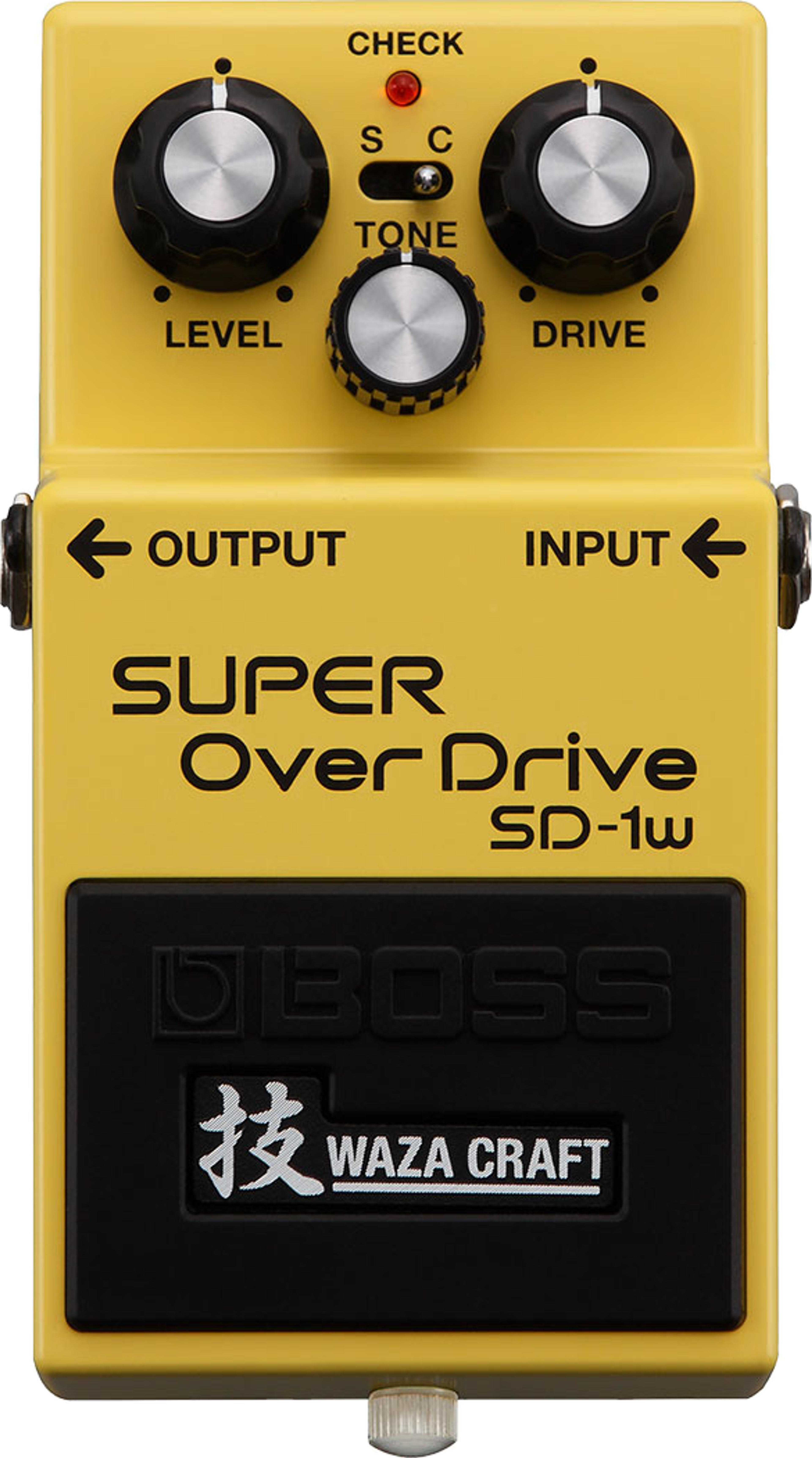 BOSS SD-1W Super OverDrive, top view, yellow enclosure, S/C switch, Waza Craft badge