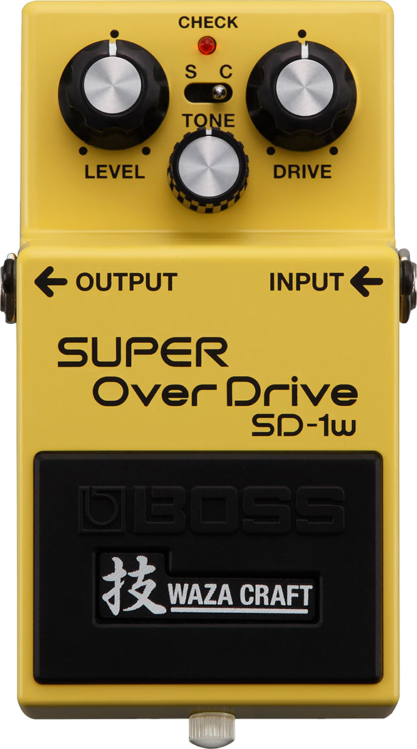 BOSS SD-1W Super OverDrive, top view, yellow enclosure, S/C switch, Waza Craft badge