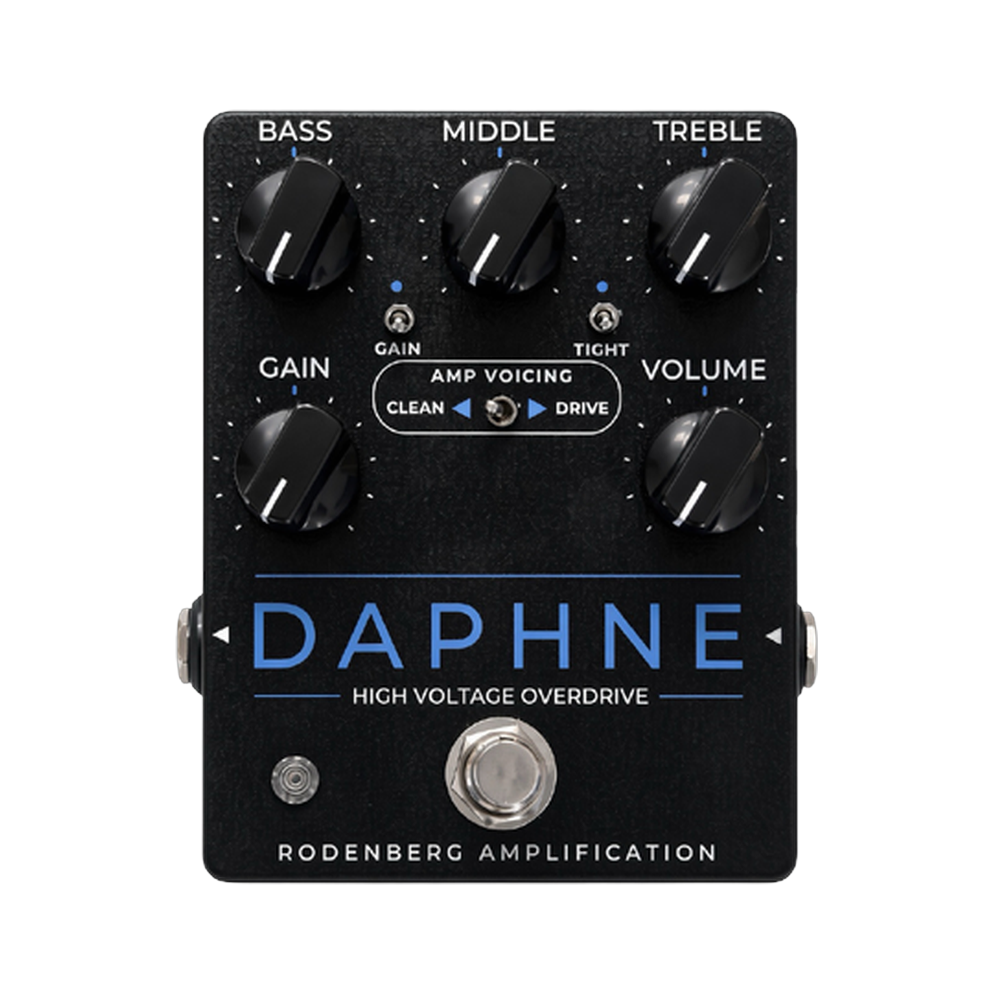 Rodenberg Daphne High Voltage Overdrive, top-down packshot, five knobs, Amp Voicing switch