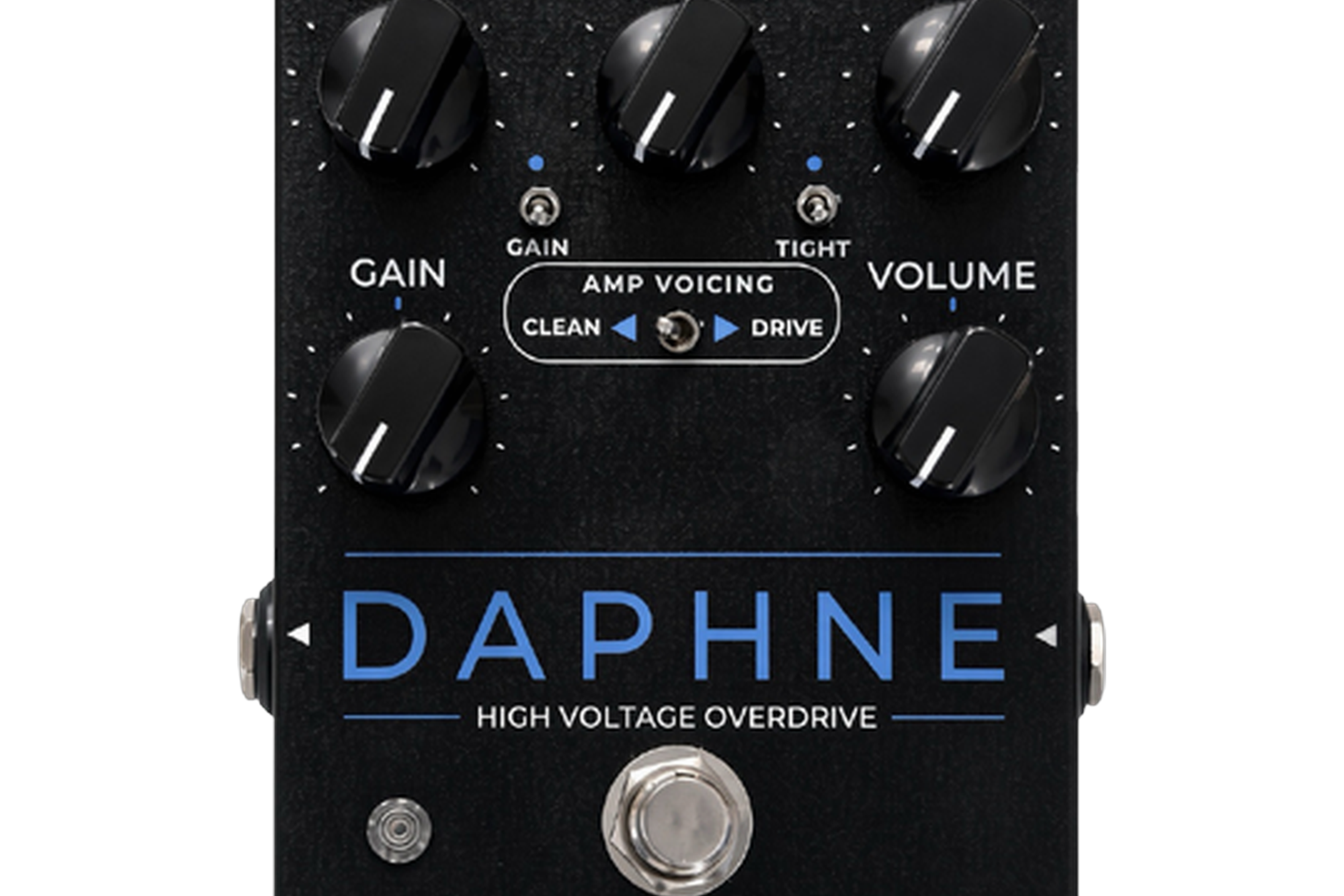 Rodenberg Daphne High Voltage Overdrive, top-down packshot, five knobs, Amp Voicing switch