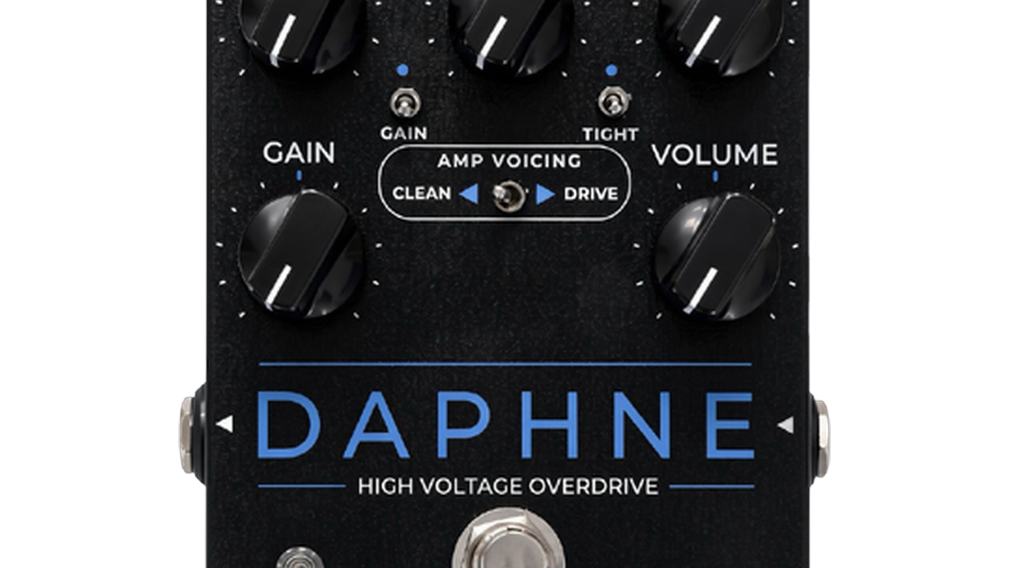 Rodenberg Daphne High Voltage Overdrive, top-down packshot, five knobs, Amp Voicing switch