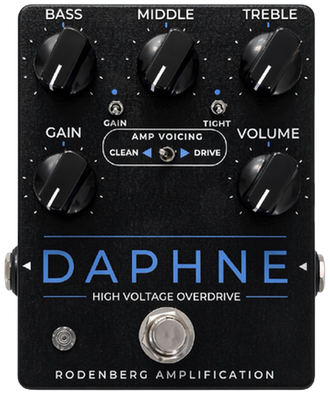 Rodenberg Daphne High Voltage Overdrive, top-down packshot, five knobs, Amp Voicing switch