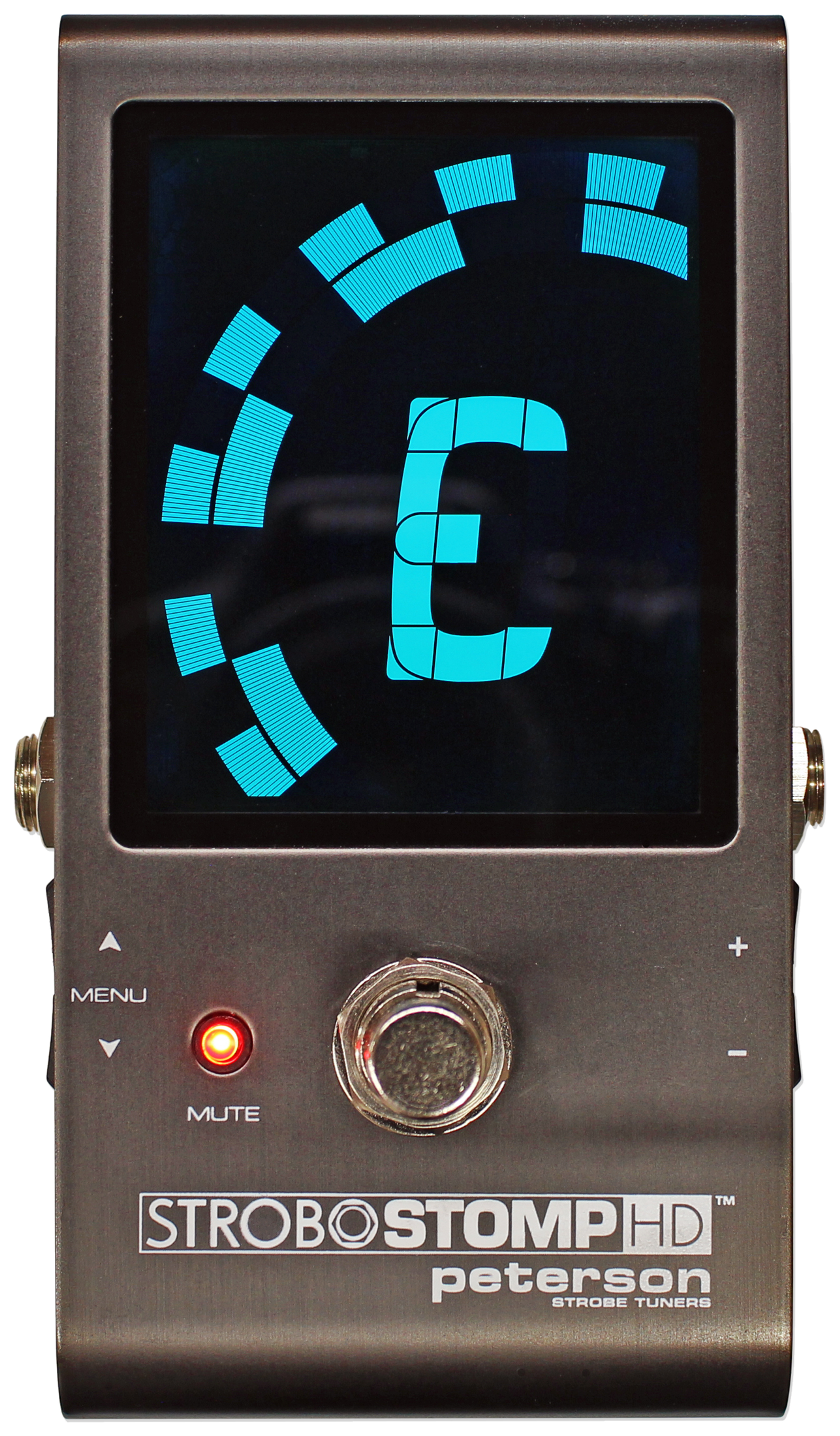 Peterson StroboStomp HD, top-down view, dark housing with blue backlit strobe display and footswitch