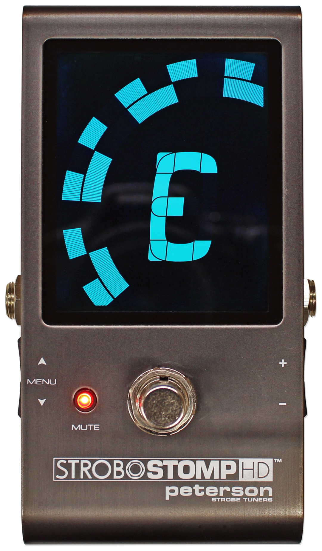 Peterson StroboStomp HD, top-down view, dark housing with blue backlit strobe display and footswitch