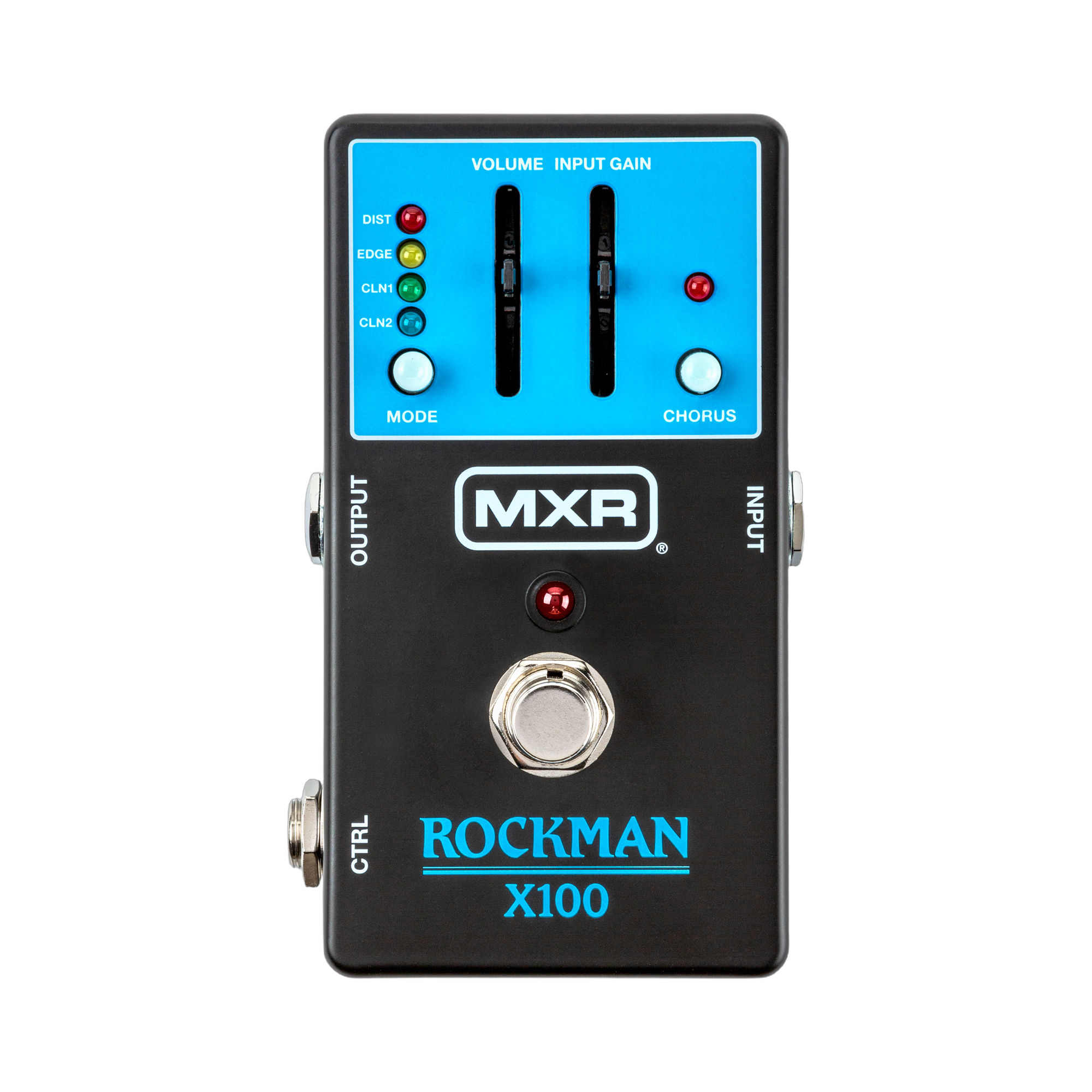 MXR Rockman X100, top-down packshot, VOLUME and INPUT GAIN sliders, MODE and CHORUS buttons, blue ROCKMAN X100 logo