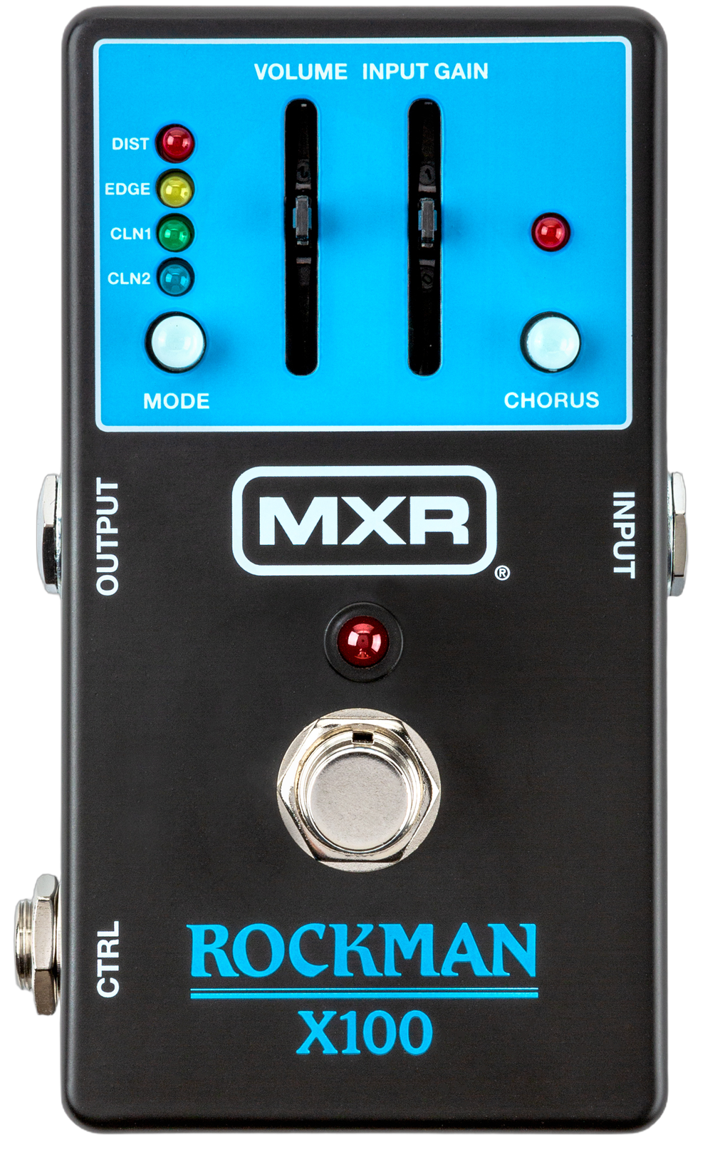 MXR Rockman X100, top-down packshot, VOLUME and INPUT GAIN sliders, MODE and CHORUS buttons, blue ROCKMAN X100 logo