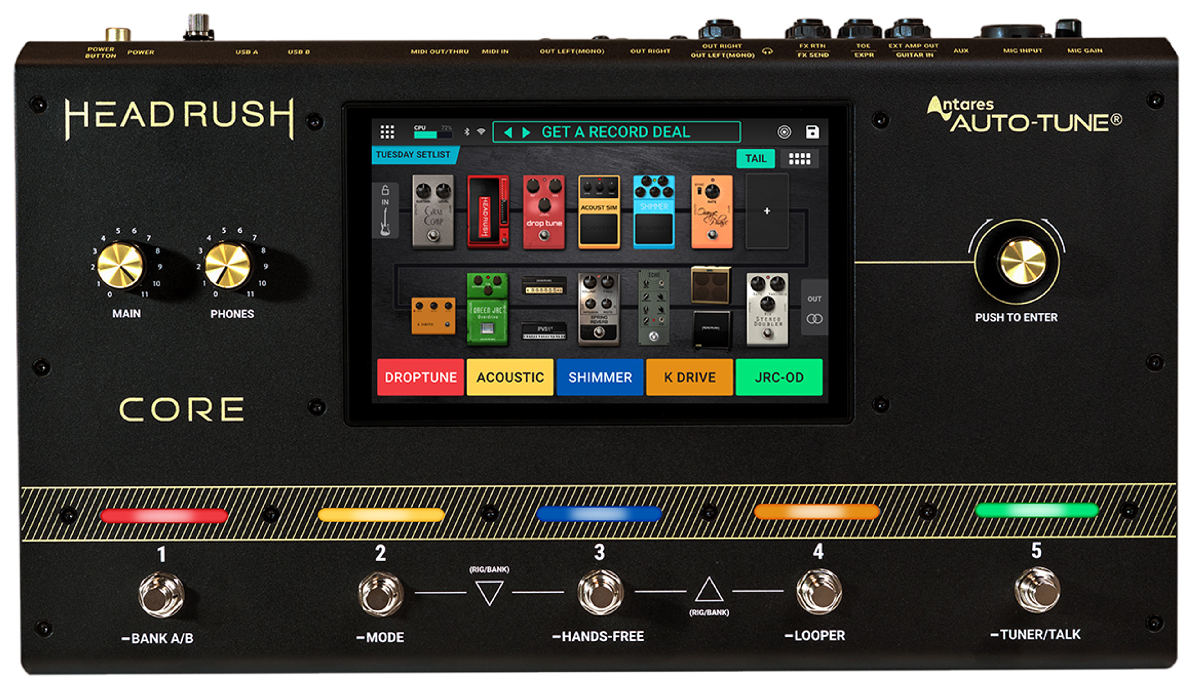 HeadRush Core, top view, black chassis, 7-inch touchscreen, five footswitches with coloured LEDs