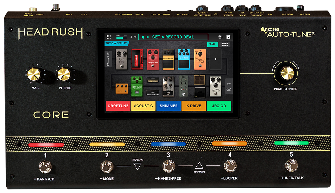 HeadRush Core, top view, black chassis, 7-inch touchscreen, five footswitches with coloured LEDs