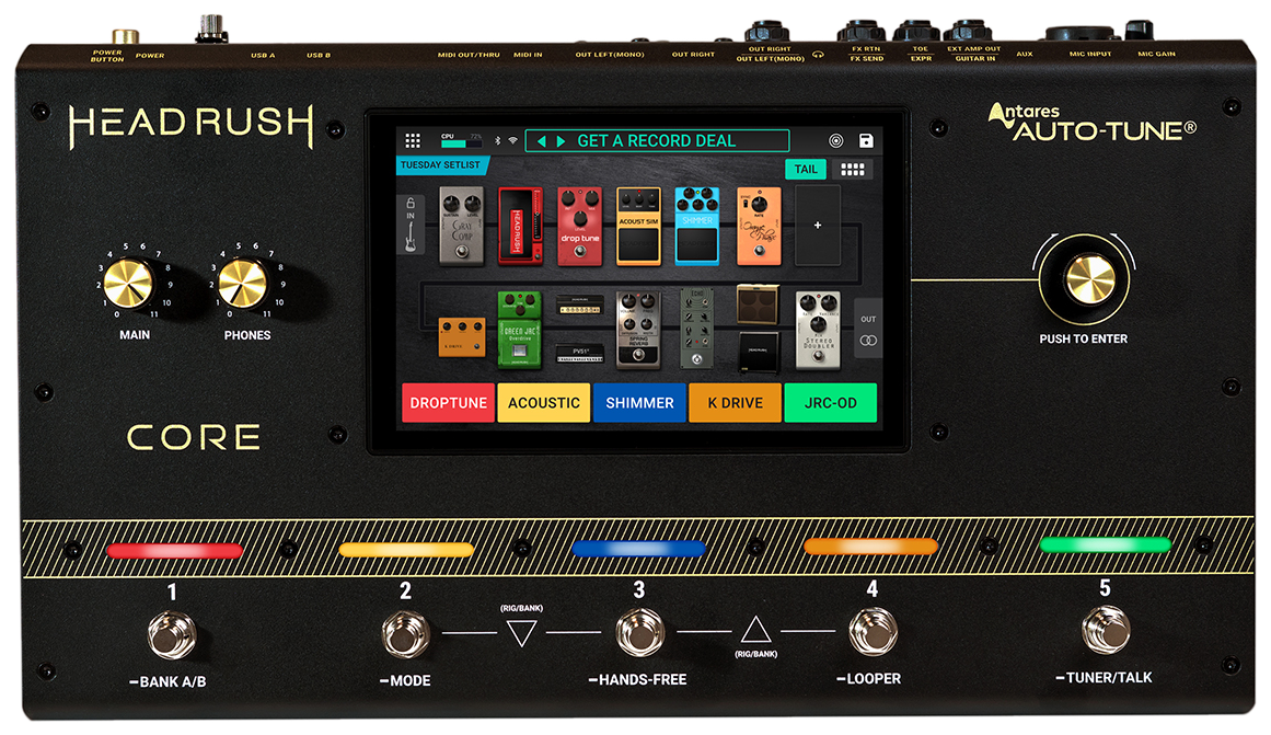 HeadRush Core, top view, black chassis, 7-inch touchscreen, five footswitches with coloured LEDs