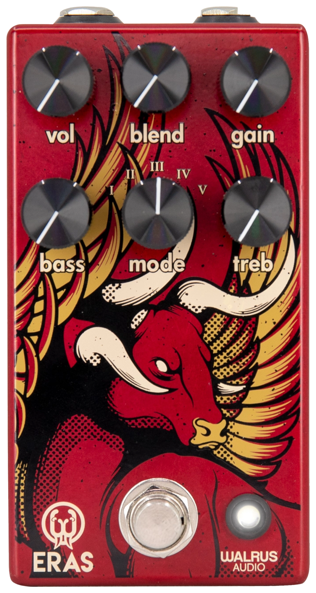 Walrus Audio Eras, top-down view, translucent red enclosure, winged bull artwork, six black knobs