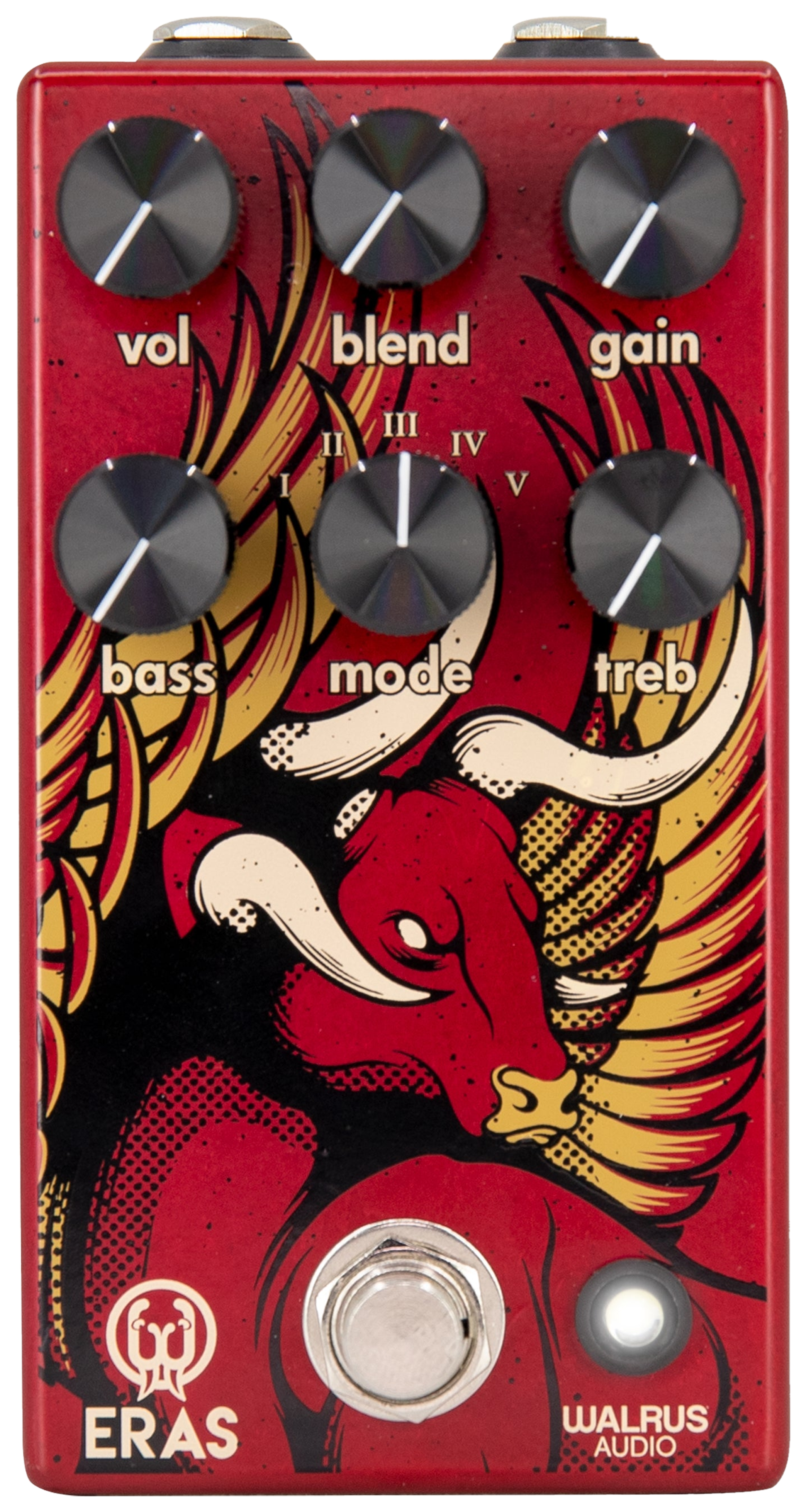 Walrus Audio Eras, top-down view, translucent red enclosure, winged bull artwork, six black knobs
