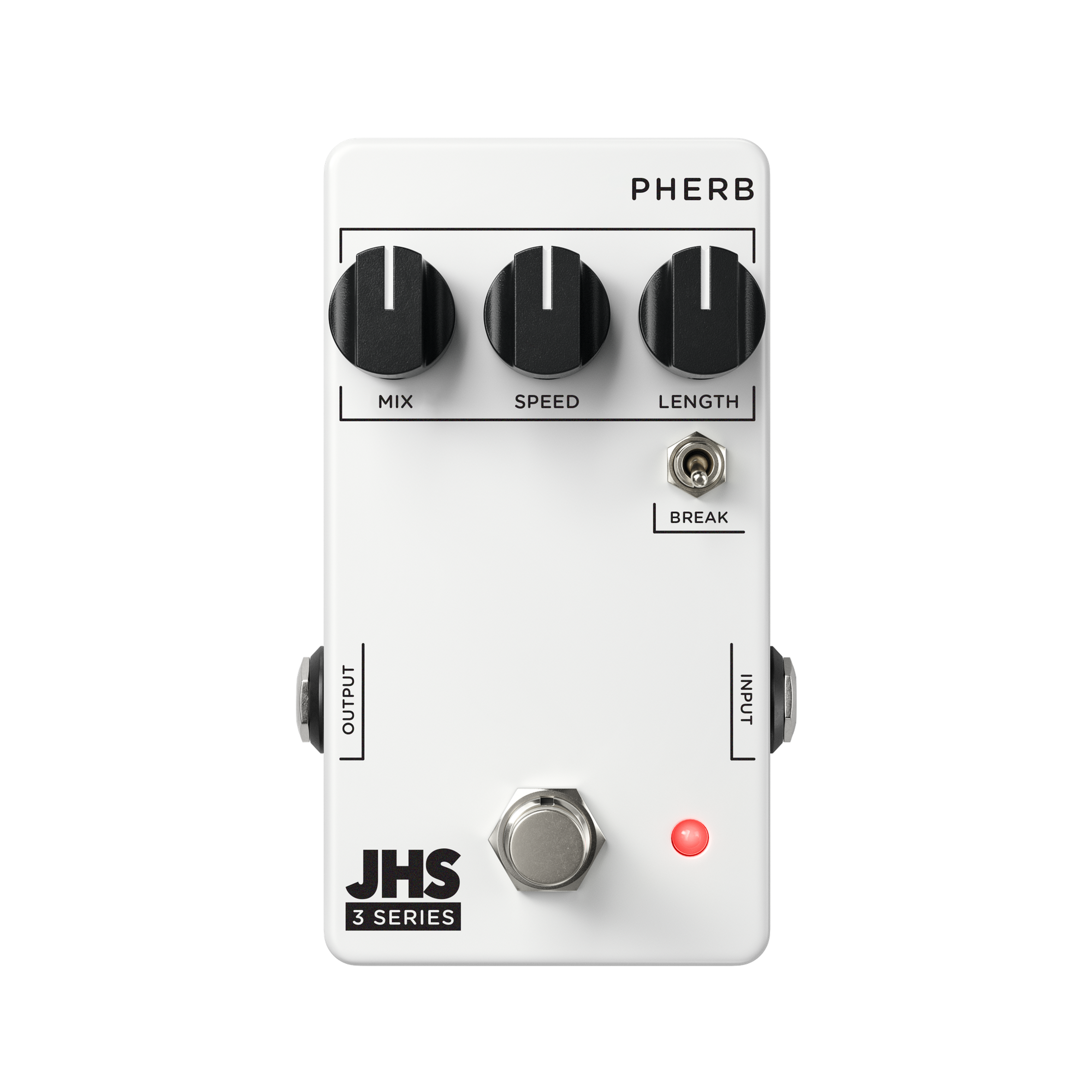 JHS 3 Series PHERB, front view of the white enclosure with Mix, Speed and Length knobs, the BREAK toggle and the footswitch
