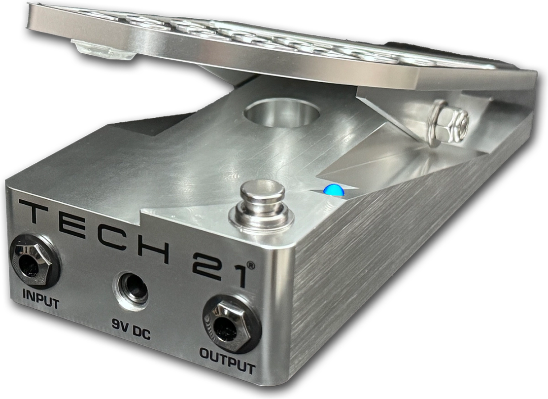 Tech 21 Killer Wail V2 light-sensor wah pedal, front three-quarter view, silver billet-aluminium housing with input, 9V DC and output jacks