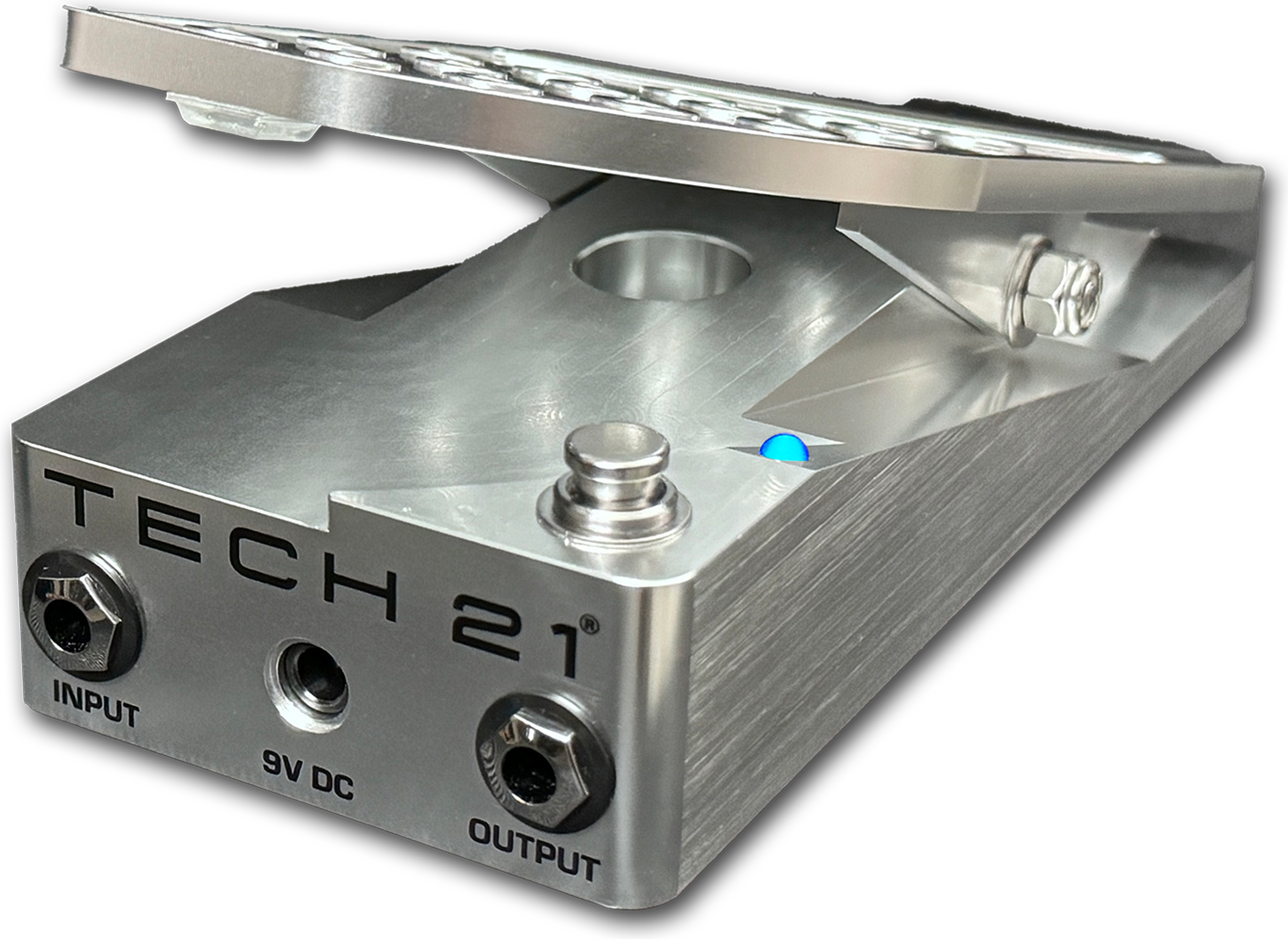 Tech 21 Killer Wail V2 light-sensor wah pedal, front three-quarter view, silver billet-aluminium housing with input, 9V DC and output jacks