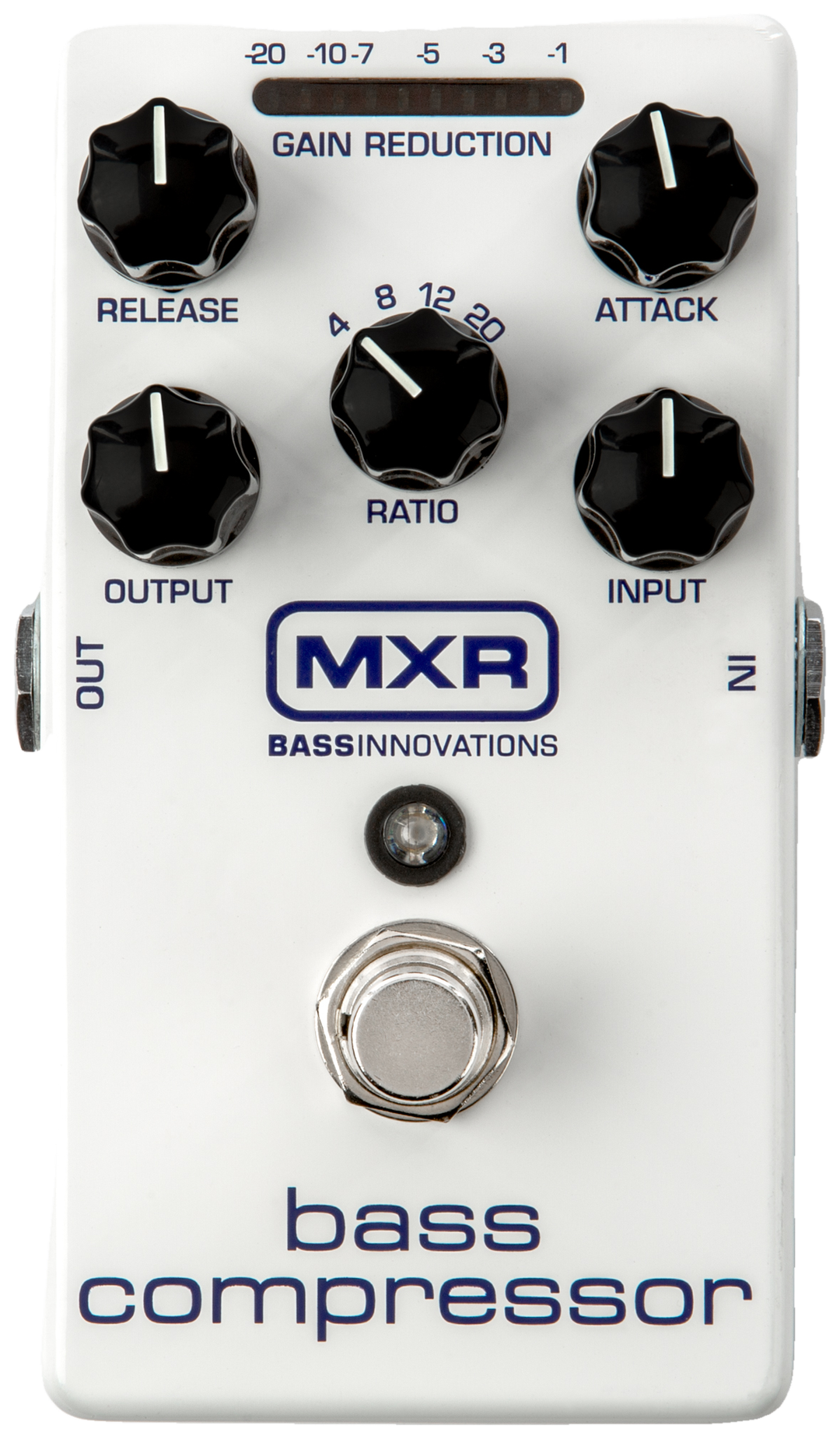 MXR M87 Bass Compressor, top-down view, white enclosure, Release, Ratio, Attack, Output and Input knobs, gain-reduction LED meter