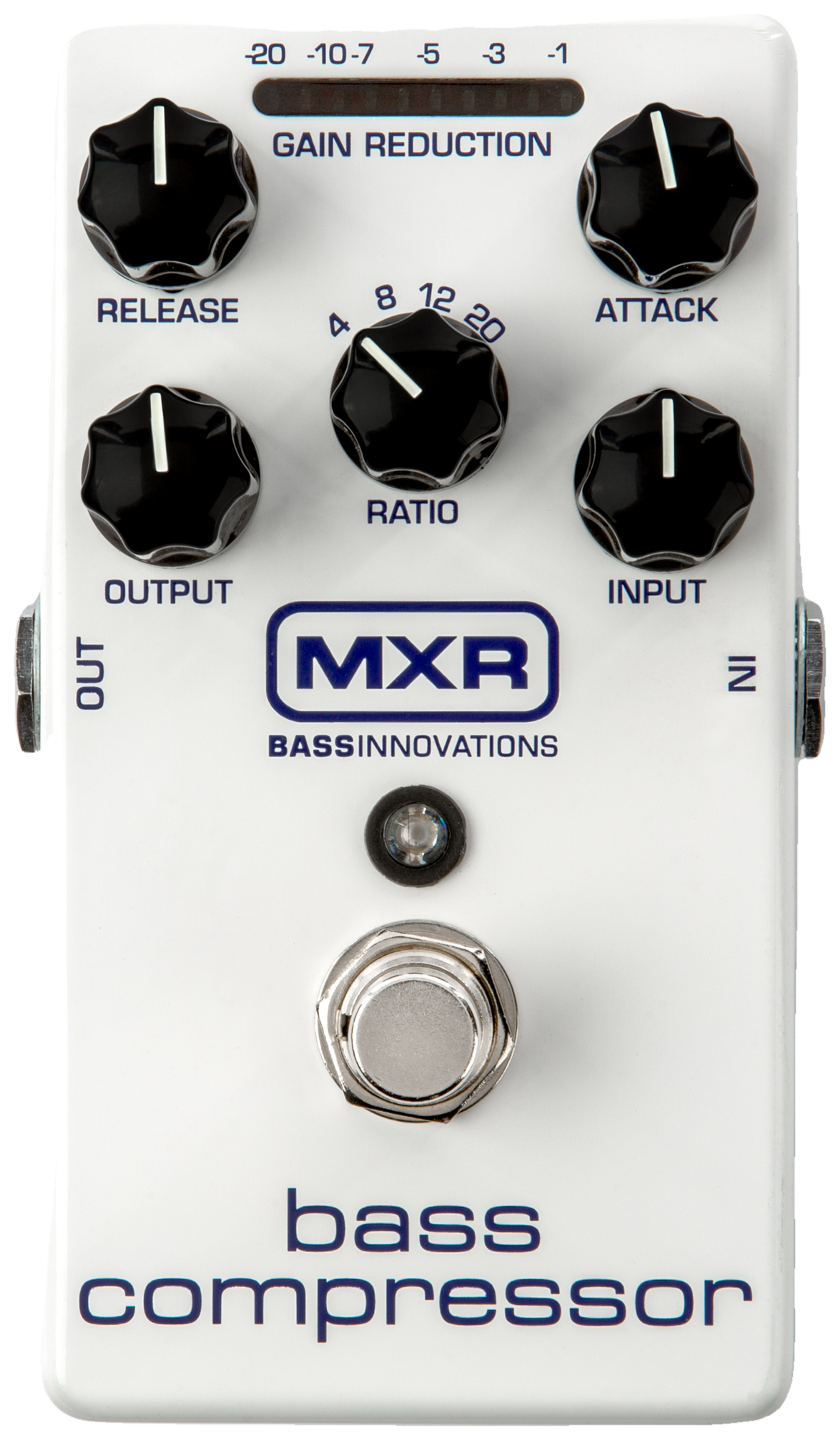 MXR M87 Bass Compressor, top-down view, white enclosure, Release, Ratio, Attack, Output and Input knobs, gain-reduction LED meter