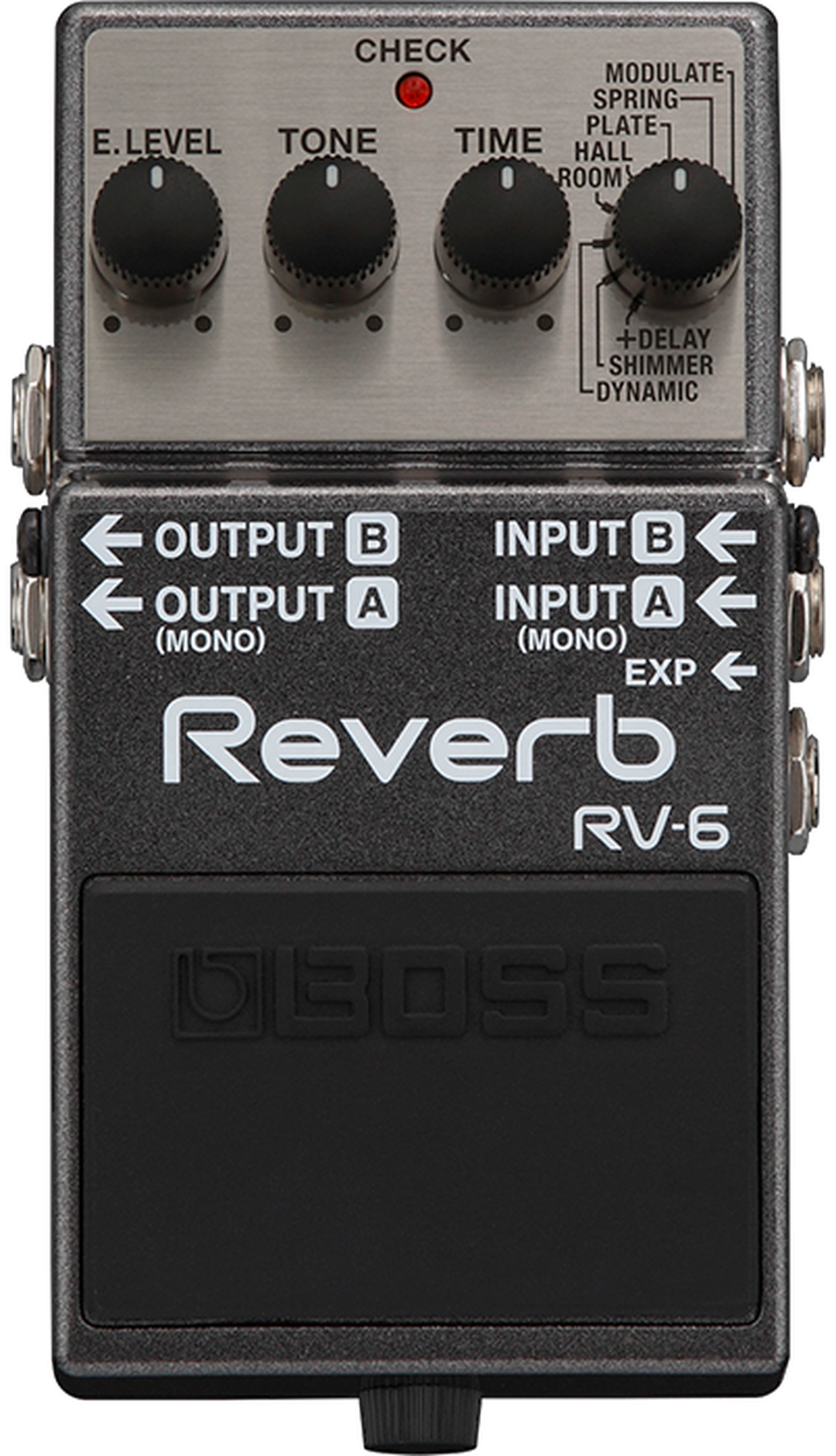 BOSS RV-6 Reverb, top-down view, dark enclosure, eight-mode selector, E.LEVEL Tone Time knobs