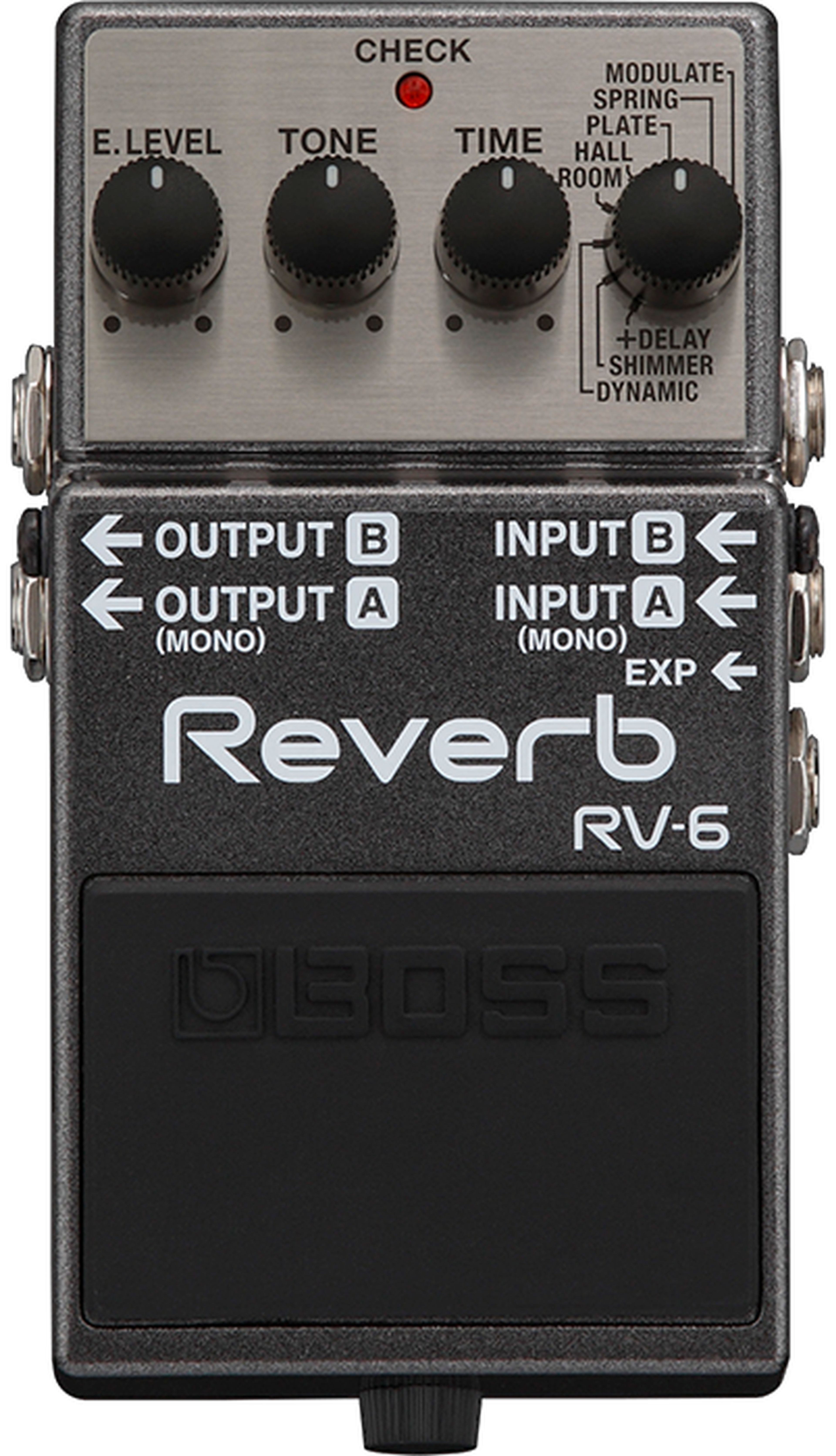 BOSS RV-6 Reverb, top-down view, dark enclosure, eight-mode selector, E.LEVEL Tone Time knobs