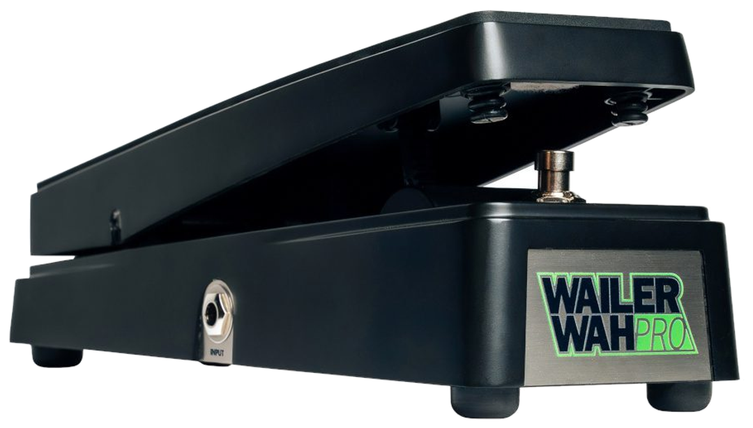 Electro-Harmonix Wailer Wah Pro, three-quarter side view, black die-cast treadle and base, Wailer Wah Pro nameplate, input jack