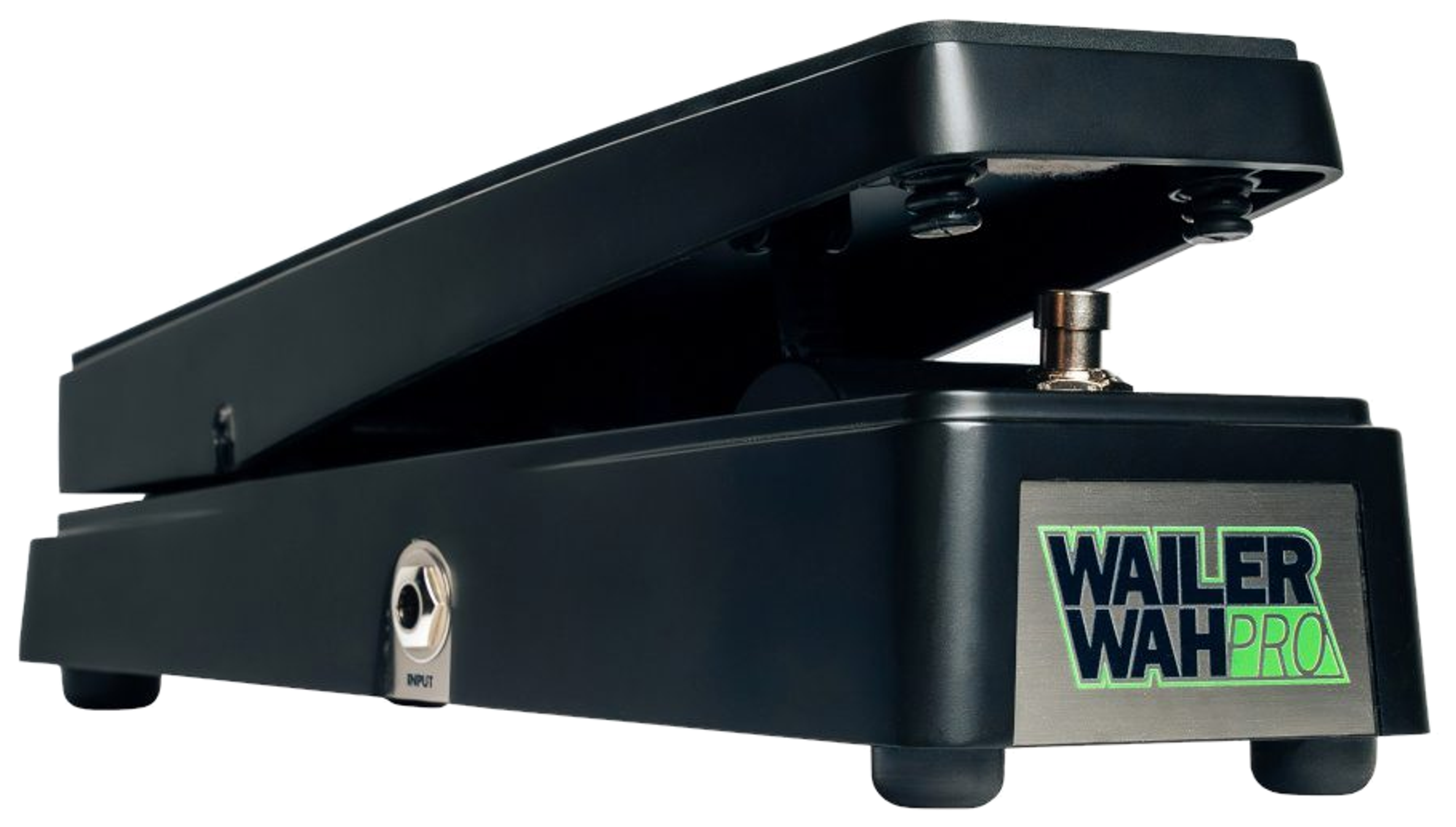 Electro-Harmonix Wailer Wah Pro, three-quarter side view, black die-cast treadle and base, Wailer Wah Pro nameplate, input jack