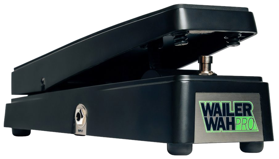 Electro-Harmonix Wailer Wah Pro, three-quarter side view, black die-cast treadle and base, Wailer Wah Pro nameplate, input jack