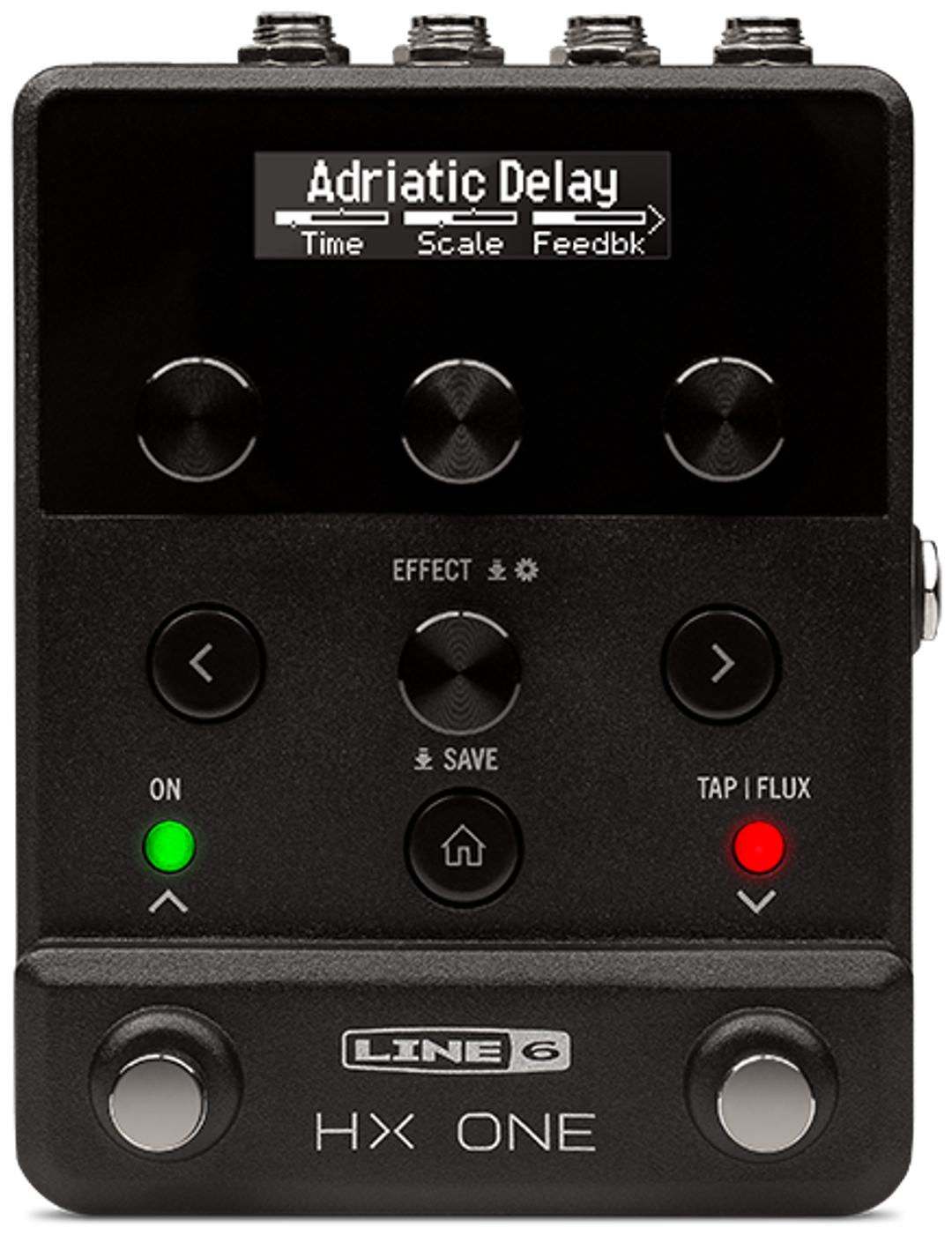 Line 6 HX One, three-quarter front view, black enclosure, OLED display, two footswitches with green and red LEDs