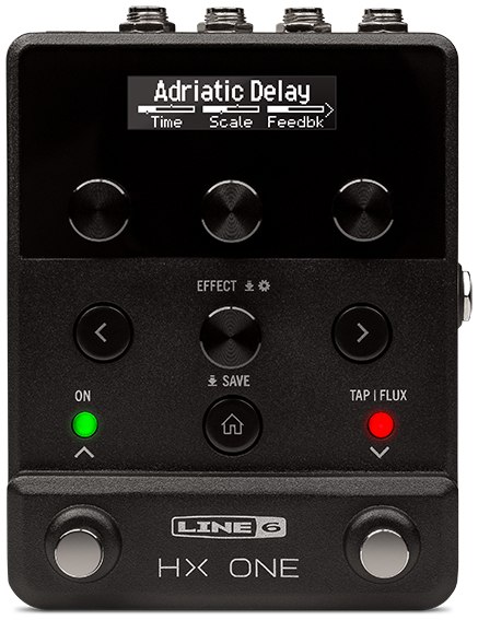 Line 6 HX One, three-quarter front view, black enclosure, OLED display, two footswitches with green and red LEDs