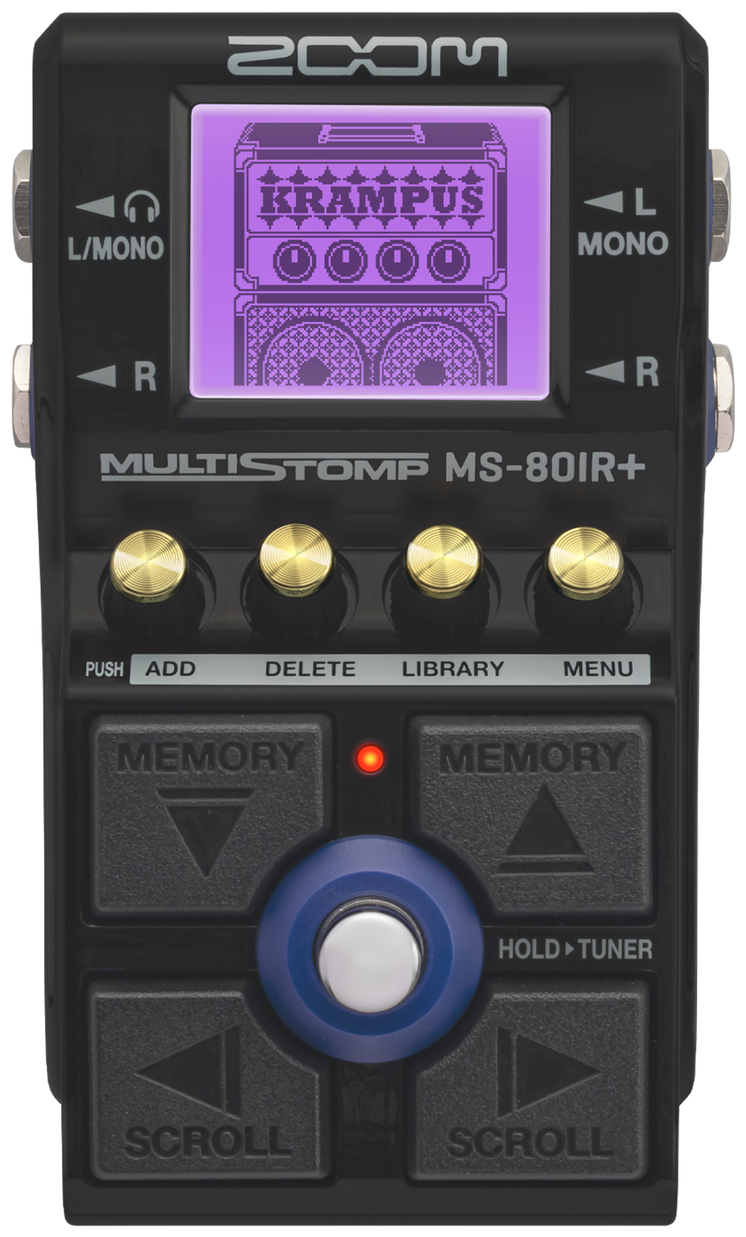 ZOOM MS-80IR+ MultiStomp, top-down view, black housing, colour display, four Cross Key switches and footswitch