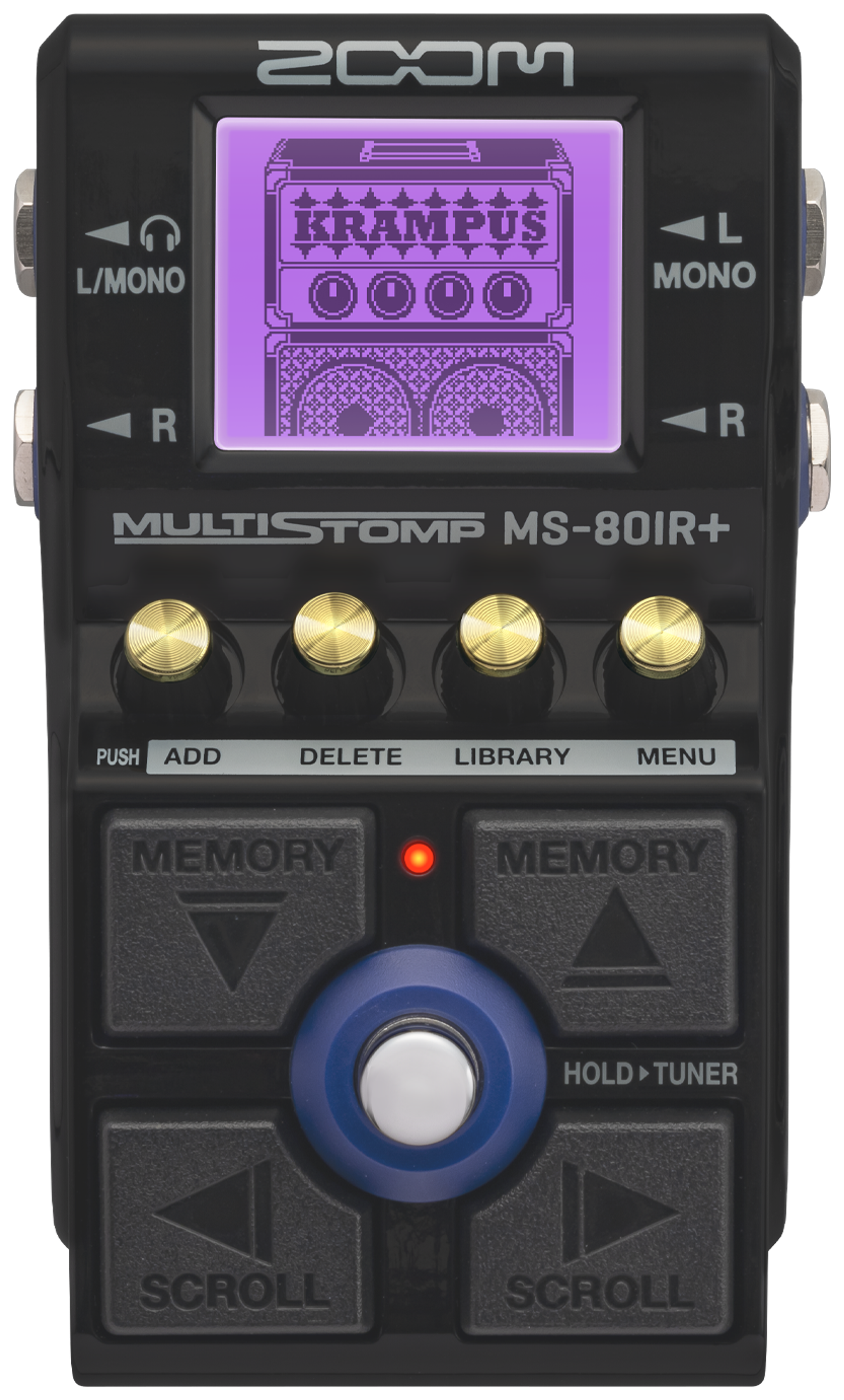 ZOOM MS-80IR+ MultiStomp, top-down view, black housing, colour display, four Cross Key switches and footswitch