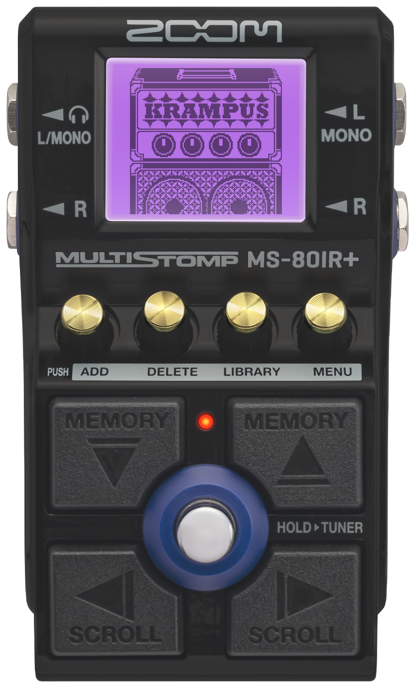 ZOOM MS-80IR+ MultiStomp, top-down view, black housing, colour display, four Cross Key switches and footswitch