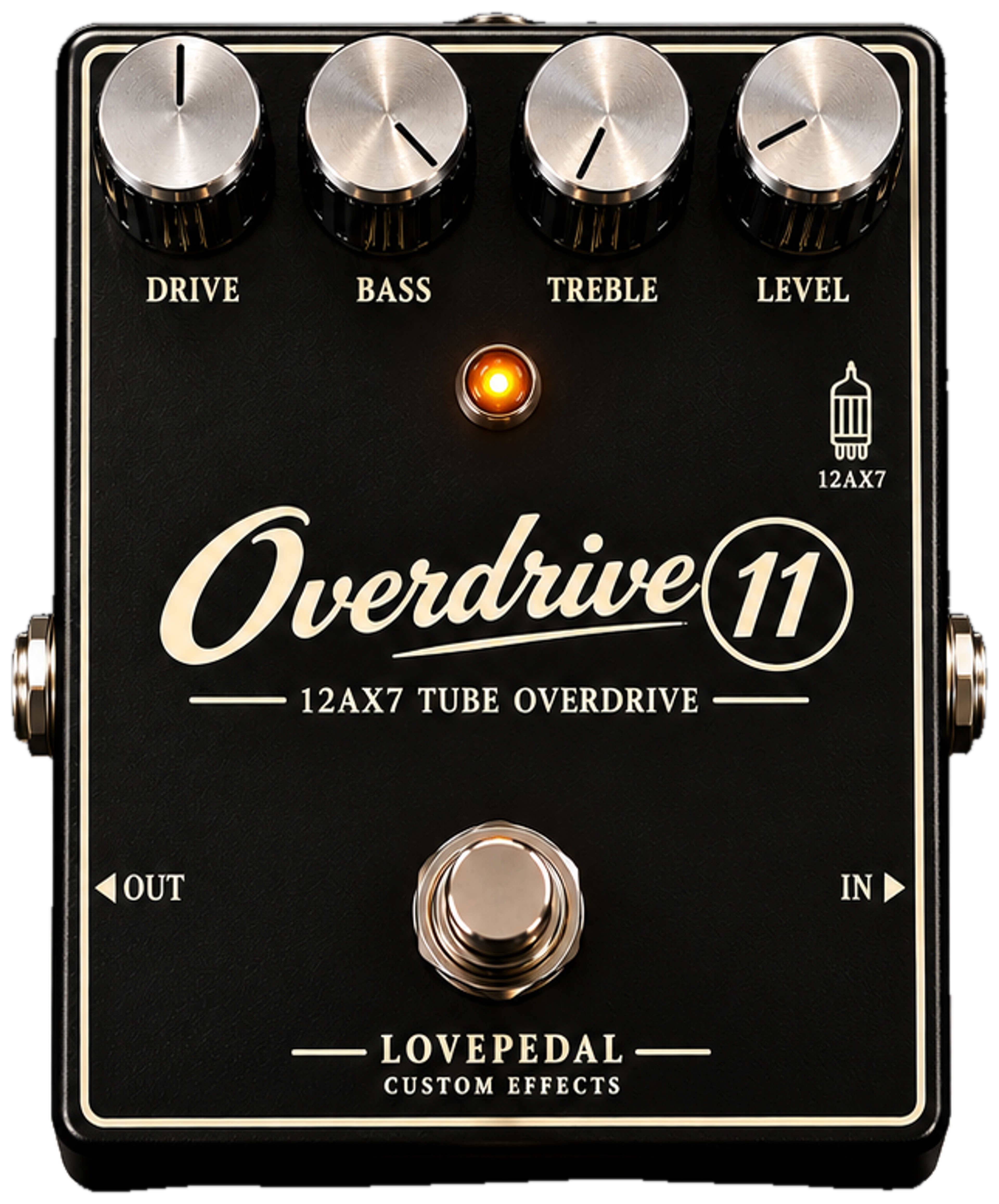 Lovepedal Overdrive 11, front view, black enclosure, cream script logo, Drive, Bass, Treble and Level knobs, 12AX7 tube overdrive