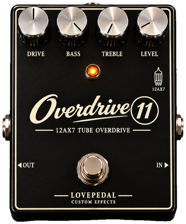 Lovepedal Overdrive 11, front view, black enclosure, cream script logo, Drive, Bass, Treble and Level knobs, 12AX7 tube overdrive