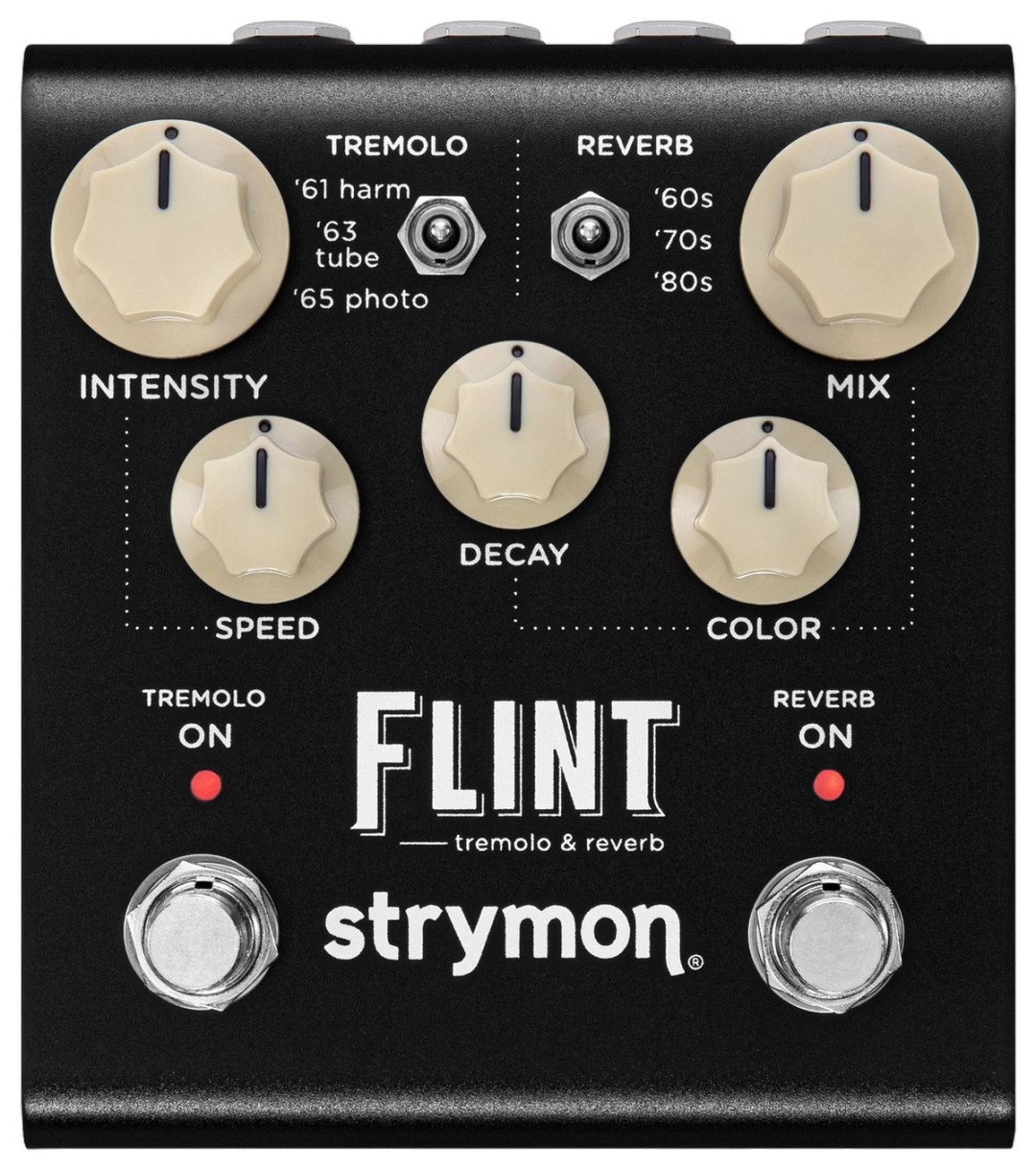 Strymon Flint V2, top-down view, black enclosure, cream knobs, TREMOLO and REVERB footswitches
