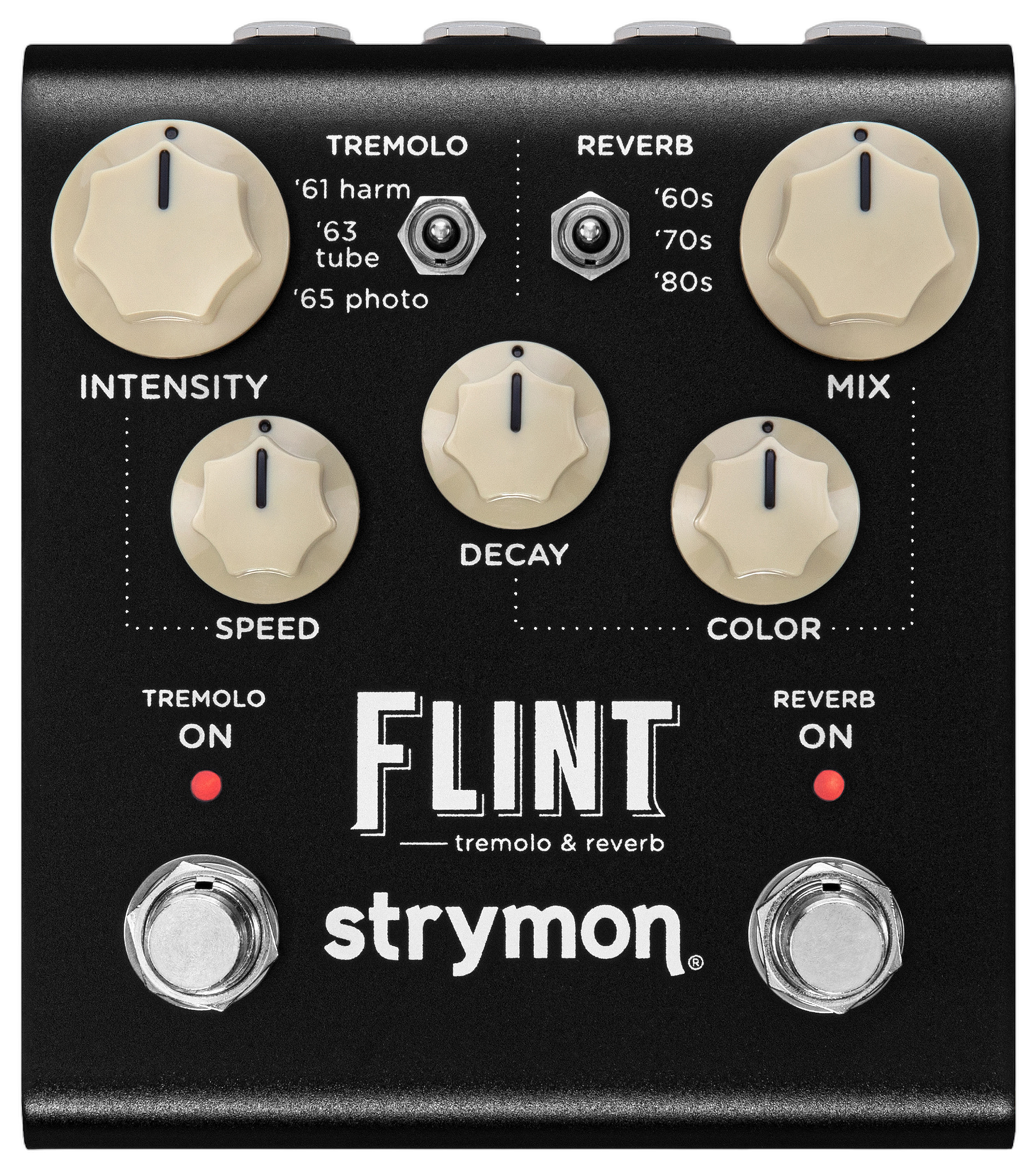 Strymon Flint V2, top-down view, black enclosure, cream knobs, TREMOLO and REVERB footswitches