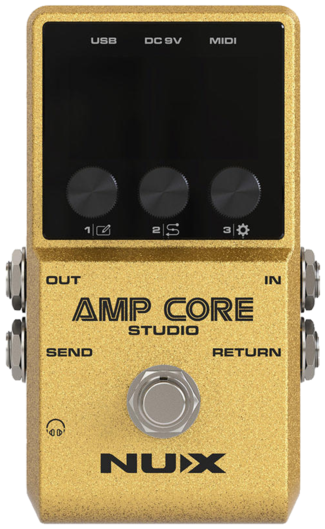 NUX Amp Core Studio, top-down view, gold enclosure, colour display, three knobs and one footswitch