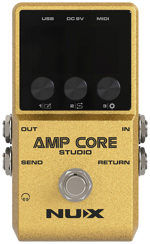 NUX Amp Core Studio, top-down view, gold enclosure, colour display, three knobs and one footswitch