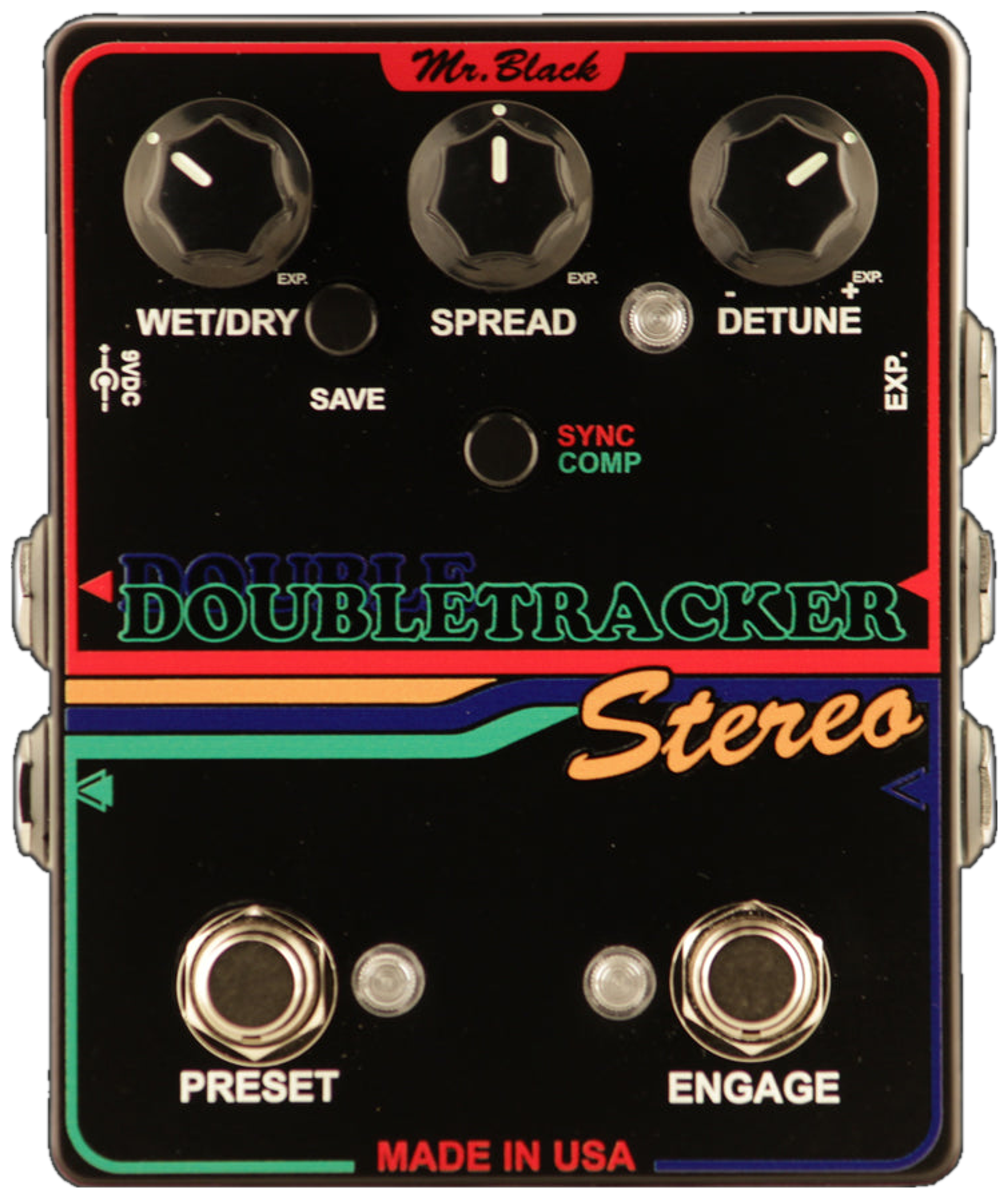 Mr. Black DoubleTracker Stereo, top-down view, black enclosure, three knobs, Preset and Engage footswitches