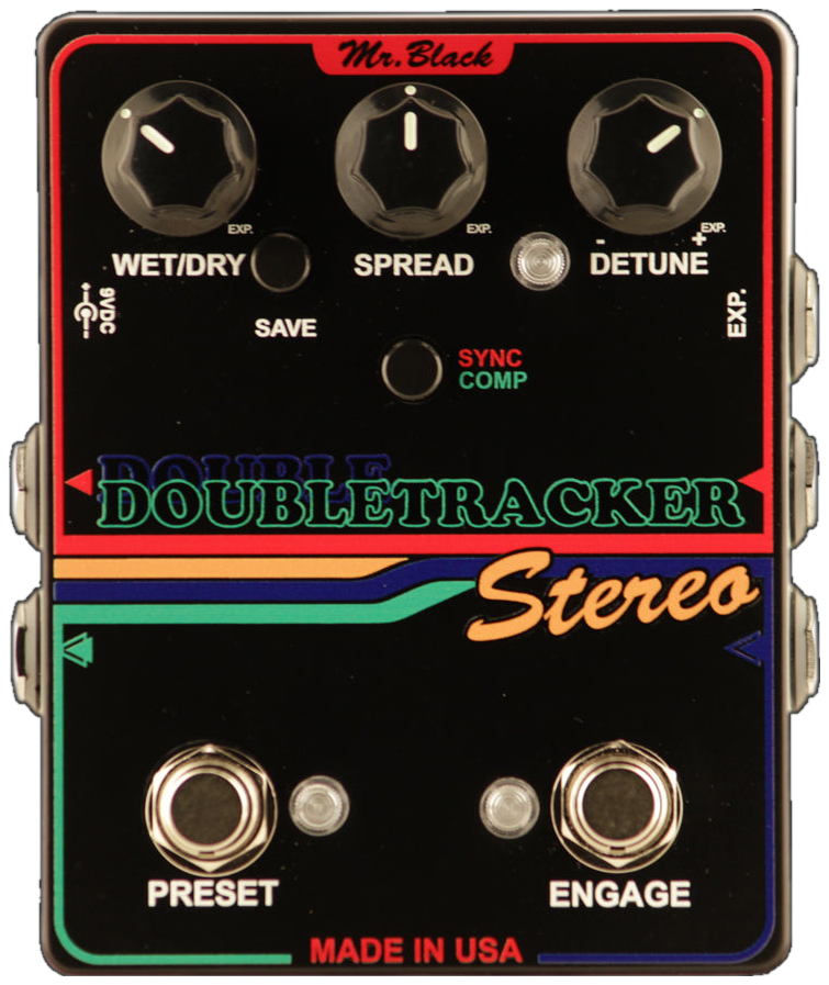 Mr. Black DoubleTracker Stereo, top-down view, black enclosure, three knobs, Preset and Engage footswitches