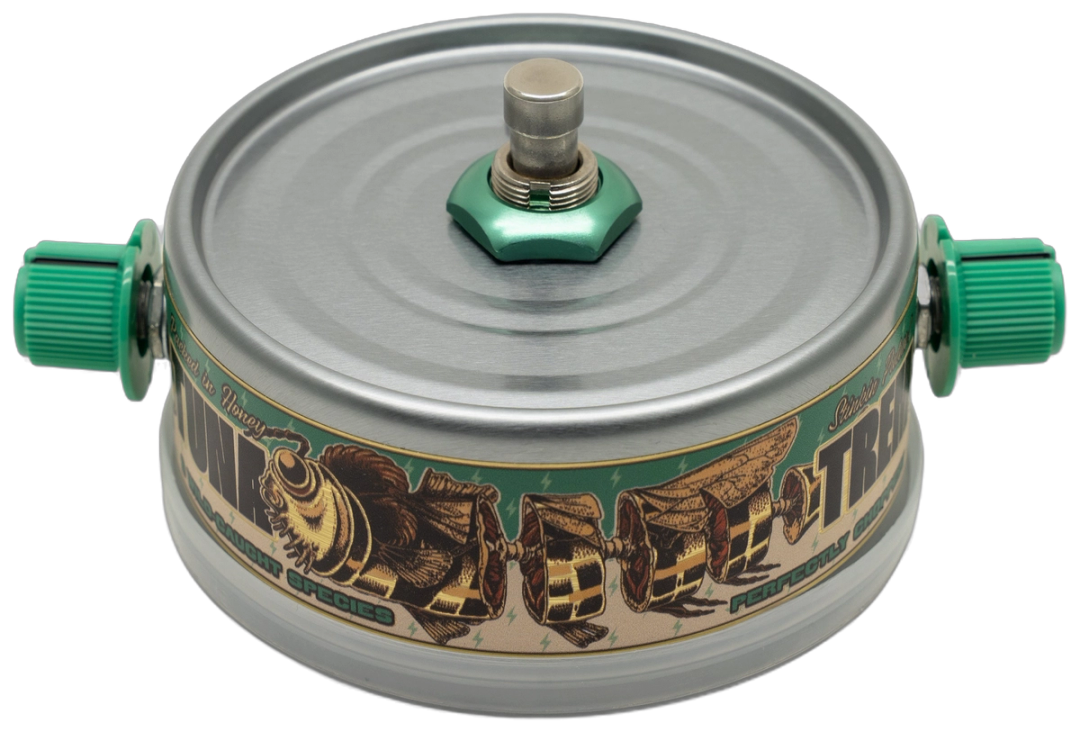 Beetronics Tuna Trem, front three-quarter view, silver tuna can enclosure, green Species and Speed knobs, bee-pattern TUNA label