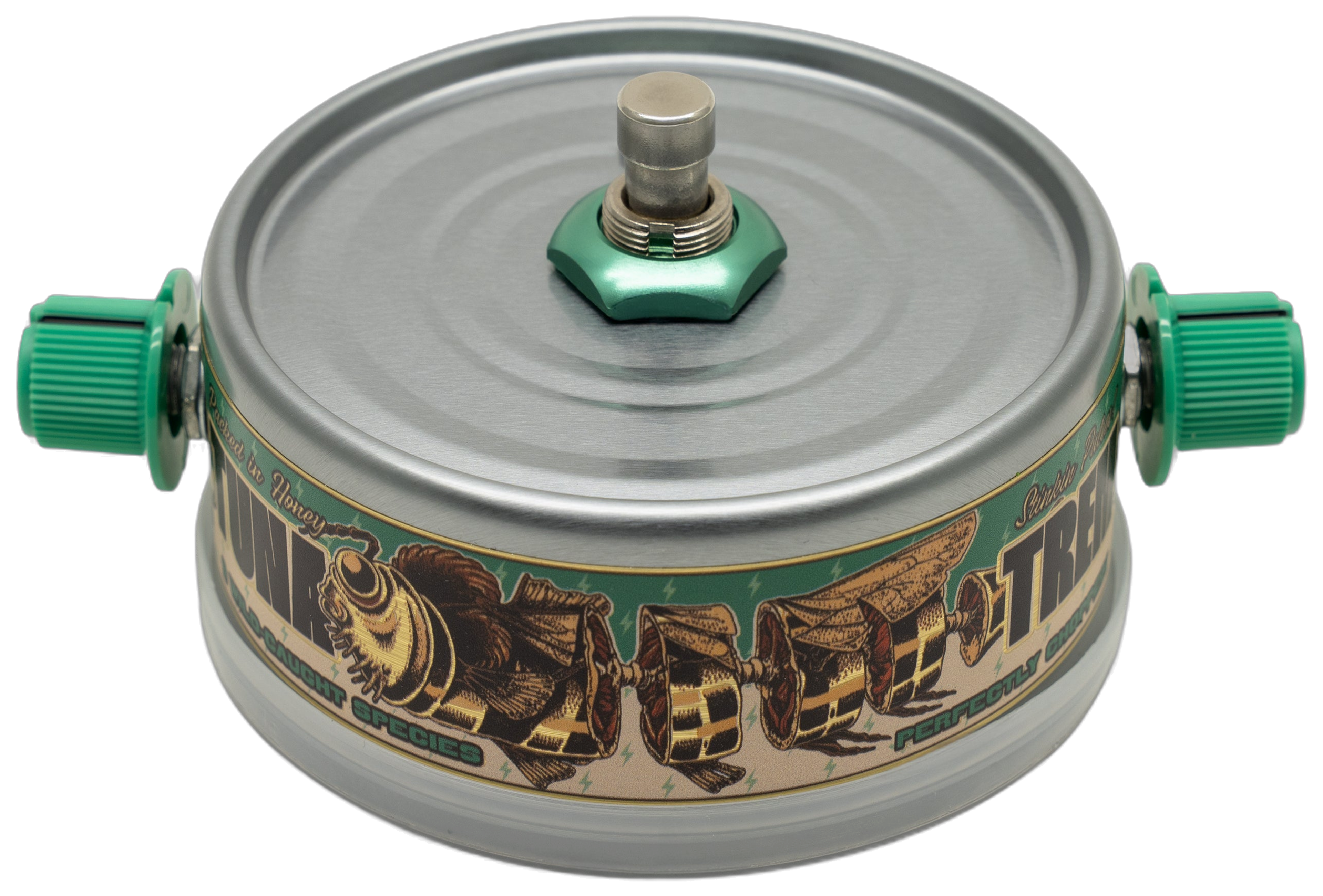 Beetronics Tuna Trem, front three-quarter view, silver tuna can enclosure, green Species and Speed knobs, bee-pattern TUNA label