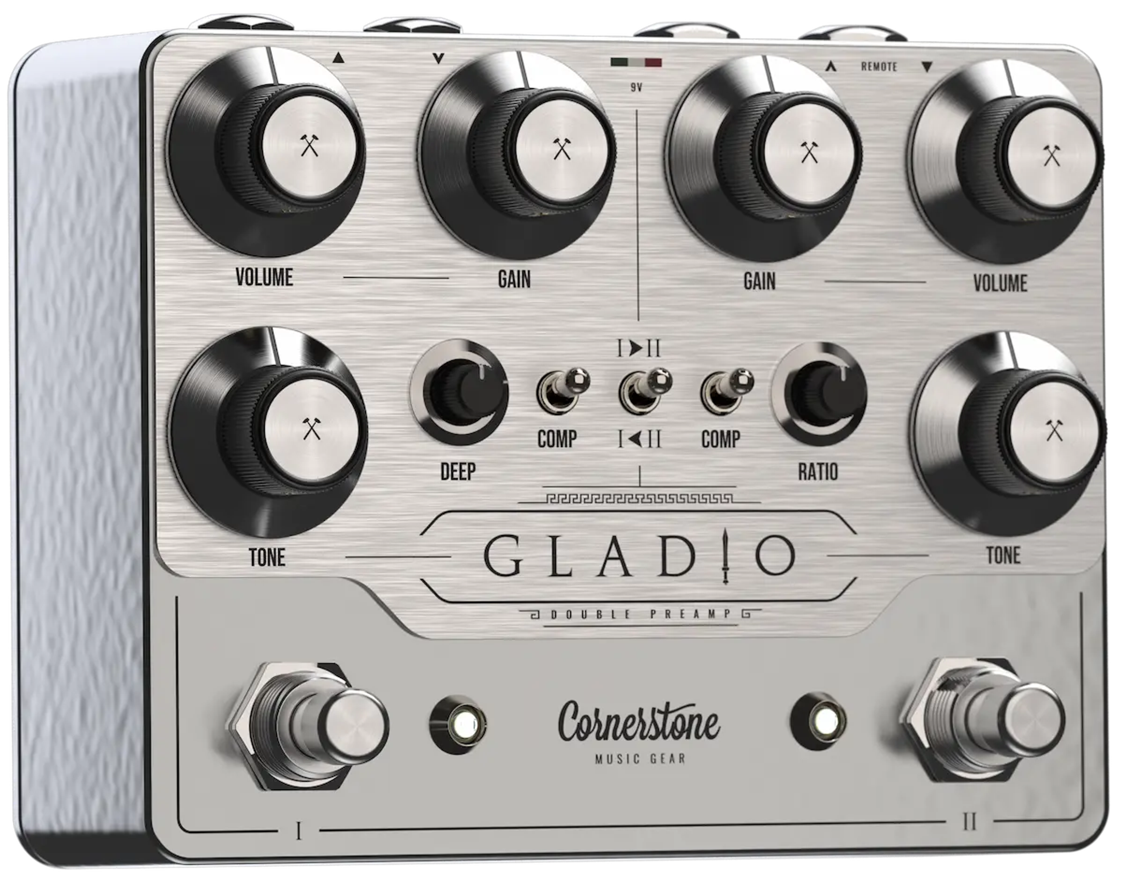 Cornerstone Gladio mk3, three-quarter view from the left side, brushed silver enclosure