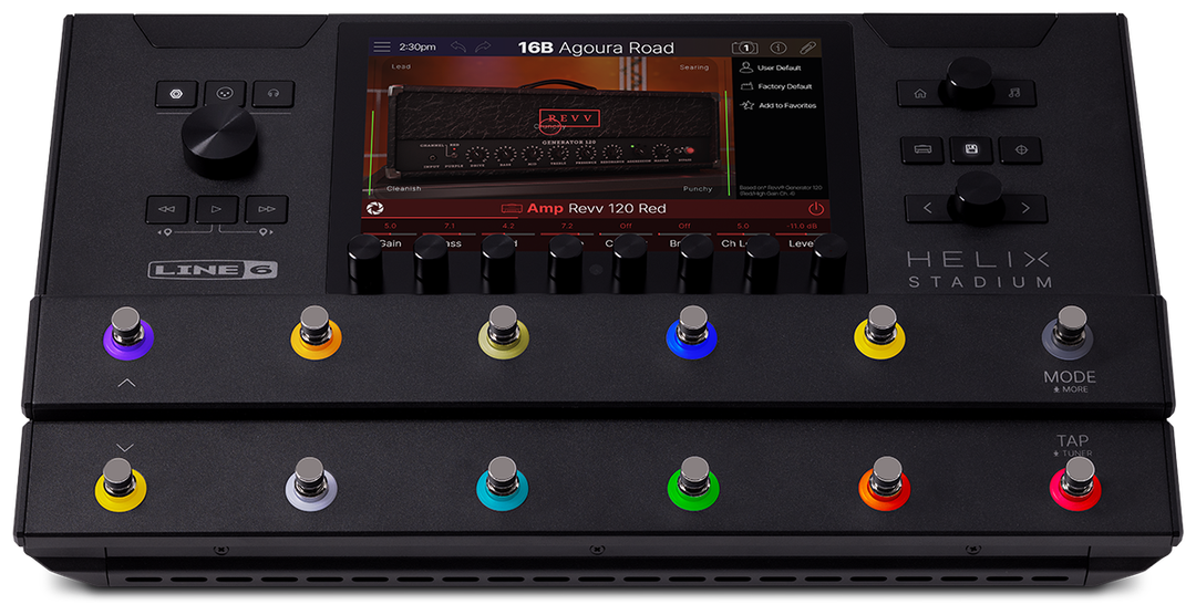 Line 6 Helix Stadium Floor, top view, 8-inch touchscreen, 12 footswitches with coloured rings, no expression pedal