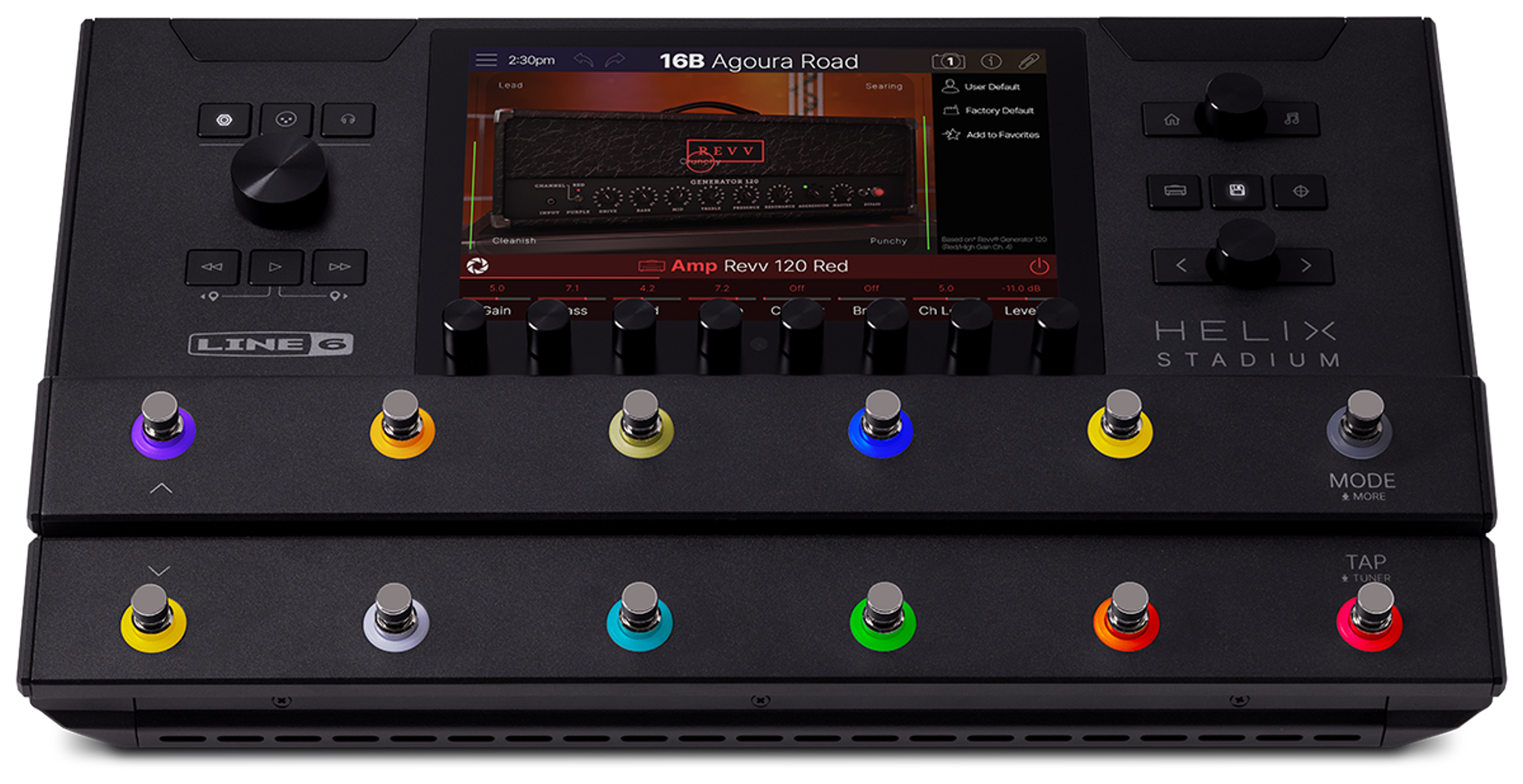 Line 6 Helix Stadium Floor, top view, 8-inch touchscreen, 12 footswitches with coloured rings, no expression pedal