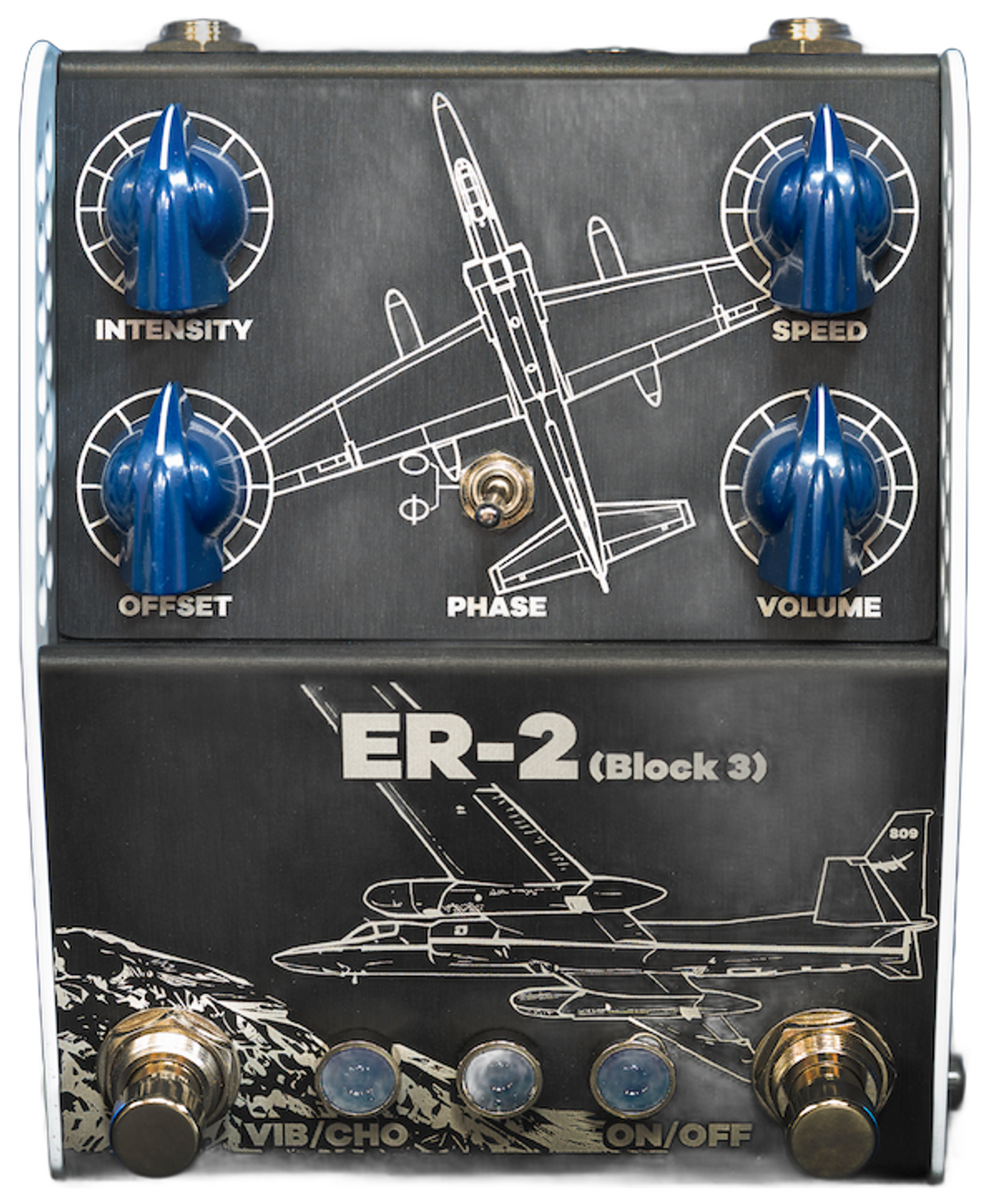ThorpyFX ER-2 Block 3, front view, black panel with blue Intensity, Speed, Offset and Volume knobs, Phase toggle and aircraft line art