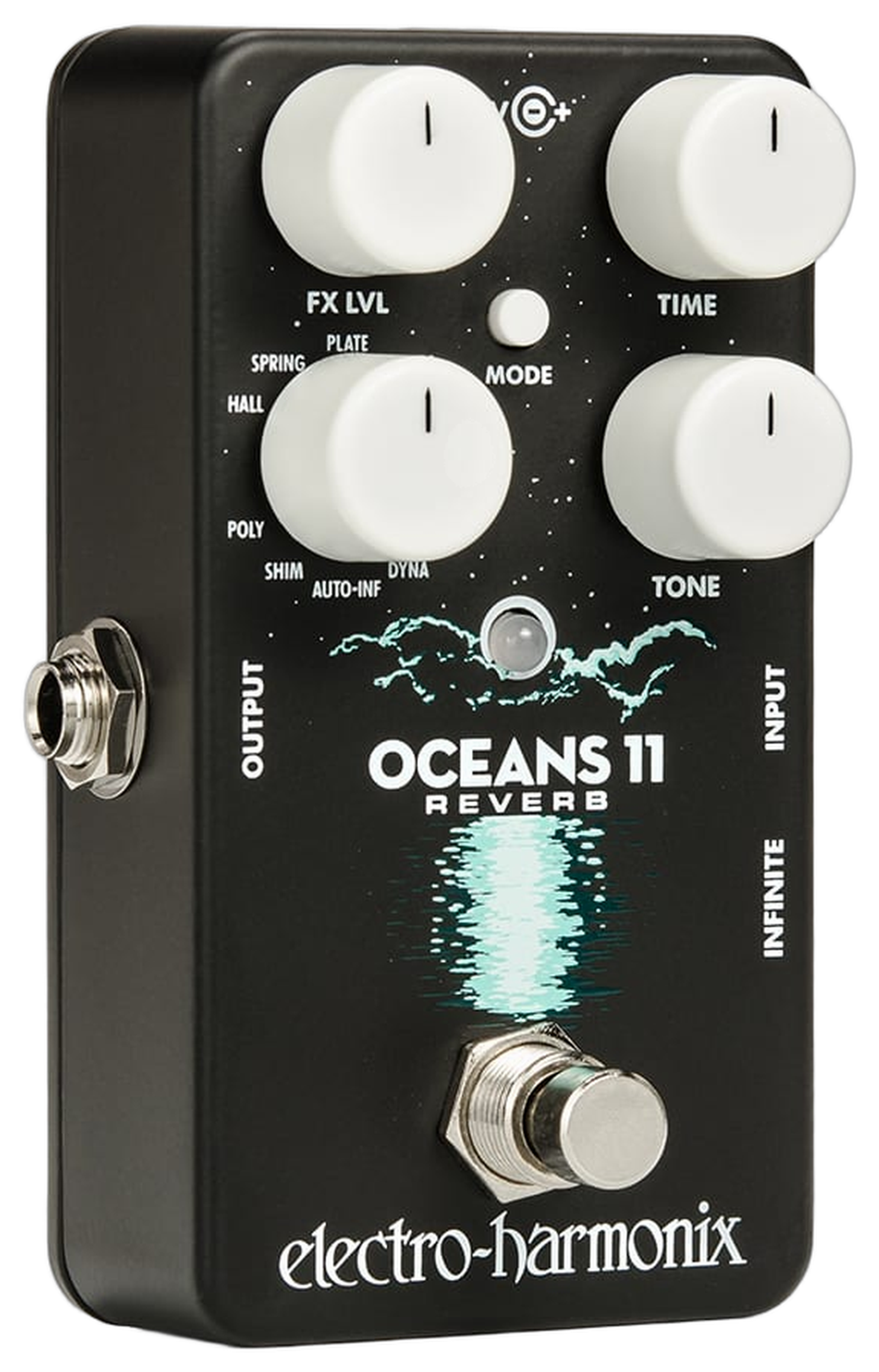 Electro-Harmonix Oceans 11, three-quarter view, black enclosure, white knobs, Oceans 11 reverb graphic, eleven mode labels