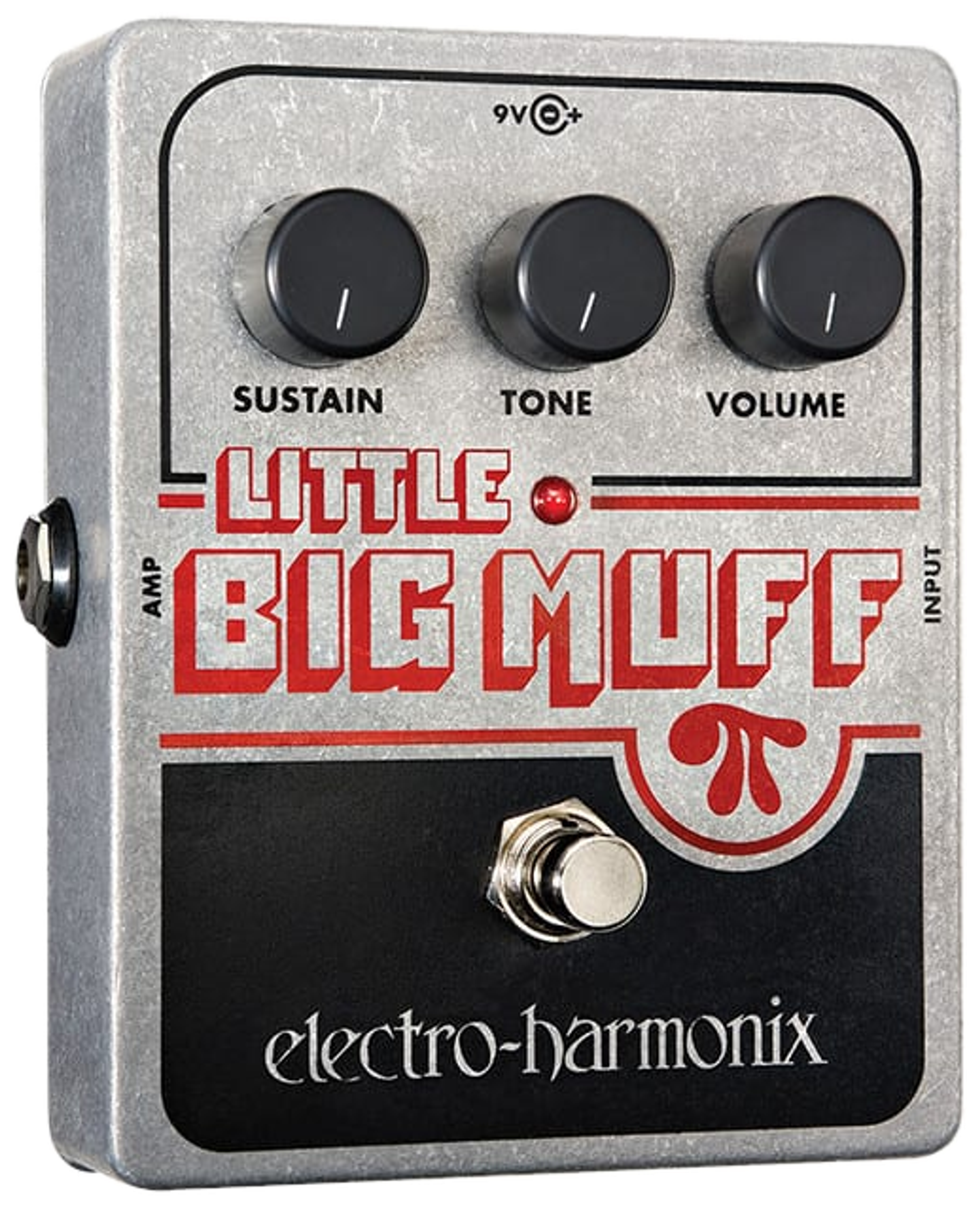 Electro-Harmonix Little Big Muff Pi, angled front view, silver die-cast enclosure, red Little Big Muff lettering, three black knobs