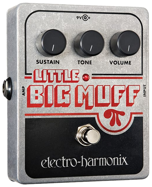 Electro-Harmonix Little Big Muff Pi, angled front view, silver die-cast enclosure, red Little Big Muff lettering, three black knobs